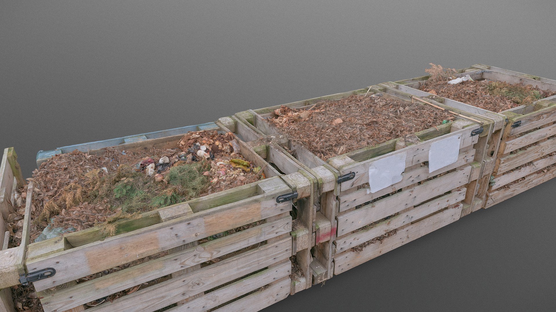 Organic waste composter compost bins made of wooden freight cargo shipping pallets pallet with some painted decor

Composting is the gardener’s way of recycling old plant material into rich, soil-nourishing compost.
Wooden pallets are often free to source and are the perfect size for making a large compost bin.

Use my other models to add more fresh dumped waste
https://sketchfab.com/3d-models/organic-composter-waste-87bde8f2a0854d2c8e82447e7318438a

https://sketchfab.com/3d-models/hay-fruit-composter-e991901484e94b7d9e51365ab9861f94

photogrammetry scan (36MP x 250 photos, 4x8K texture + HD normals) - Pallet Compost bin painted - Buy Royalty Free 3D model by matousekfoto 3d model