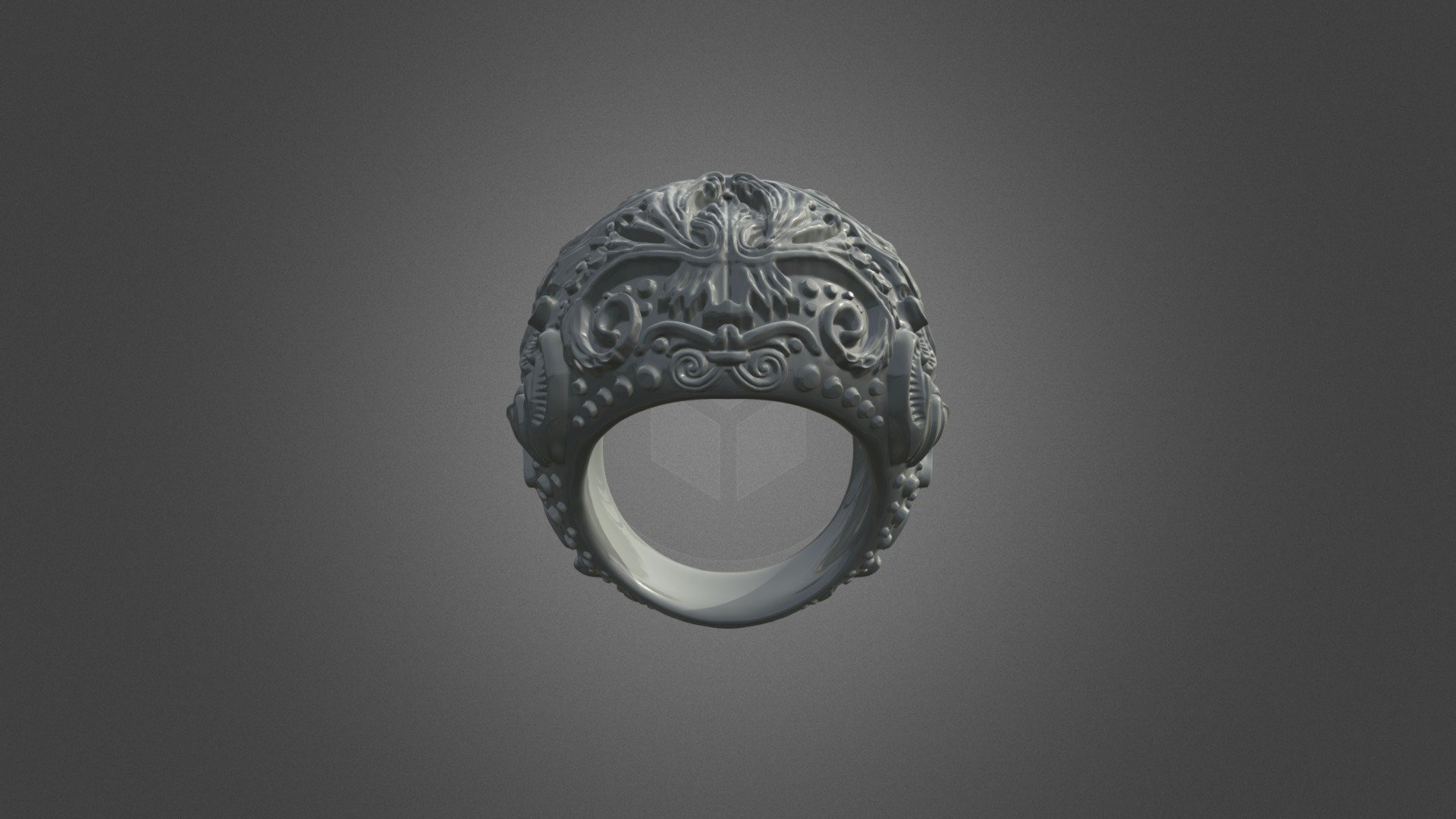 Highly detailed very ornate ring the I sculpted in the likeness of old school scrollwork for that medieval design and look. This ring is made from Argentinium Silver that has the hardness and strength of an alloy with a higher silver content than traditional sterling silver, delivering very white color, high reflectivity and hardness, which makes Jewelry made with this alloy particularly resistant to wear and scratching. The artwork of this ring in silver has been made in the same way the medieval silversmiths did according to the ancient traditions of lost wax casting. It is a solid back ring, not hallowed out under the designs, with scrollwork ranging from 2.5mm to 5mm solid around the ring, a full 30 grams of silver.   The Greenman is primarily interpreted as a symbol of rebirth, representing the cycle of growth each spring.  . Available in Silver at -link removed- - Acanthus Greenman Ring - 3D model by cerriousdesign 3d model