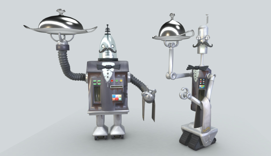 pardon me sir, do you wish your dinner to be served now? (recomended to read with heavy british accent)

robot butlers! a bit rusty but functional until they start destroying humanity

trying to work my best on texturing
(is probable changes may be made) - Robot butlers - 3D model by rdmdanimation 3d model