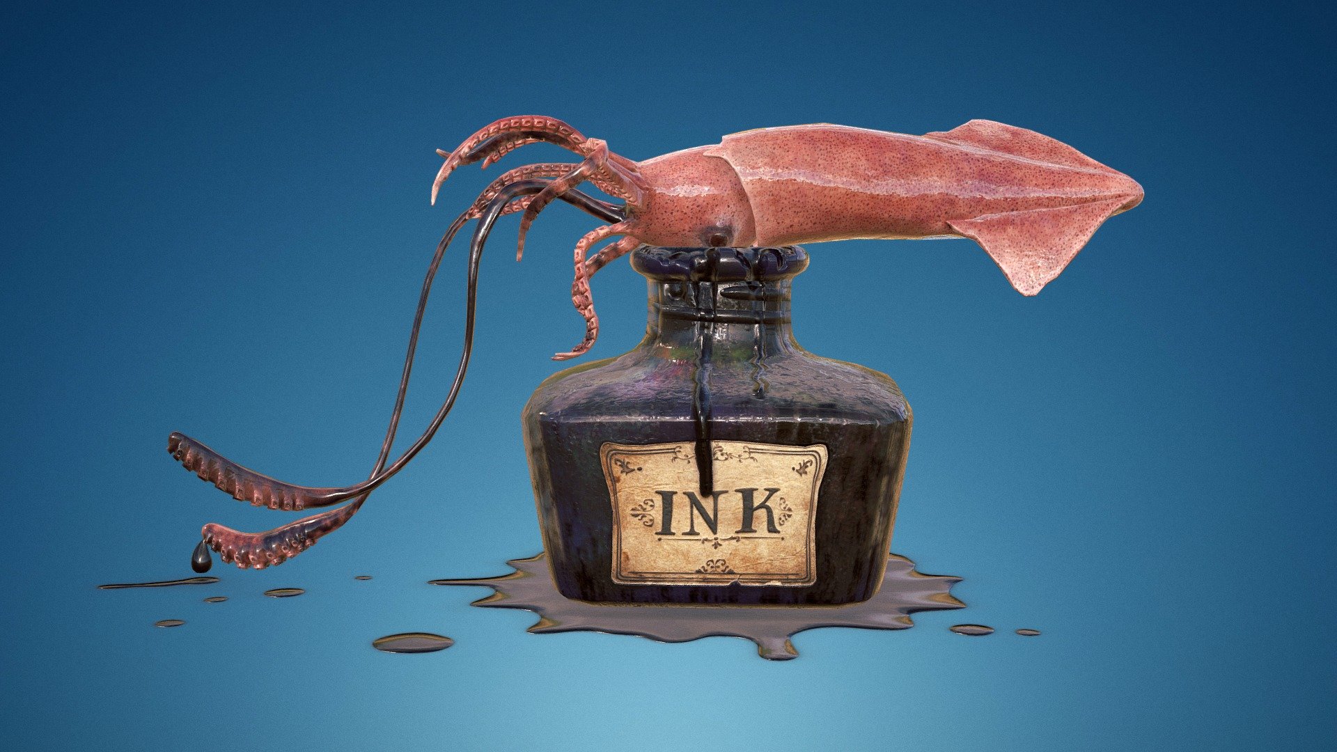 6.9k Quads + 251 Tris
14k converted to Tris

4K maps, so please wait until they load completely!  :)

sketchfab.com/blogs/community/art-spotlight-squid-ink-bottle/

Personal project made just for fun! Modeling made in 3ds max Texturing and baking made in Substance Painter, ink sculpted in zbrush. 

2 Texture Sets/Materials, one for the Squid and another for the bottle, floor and ink drop 3d model