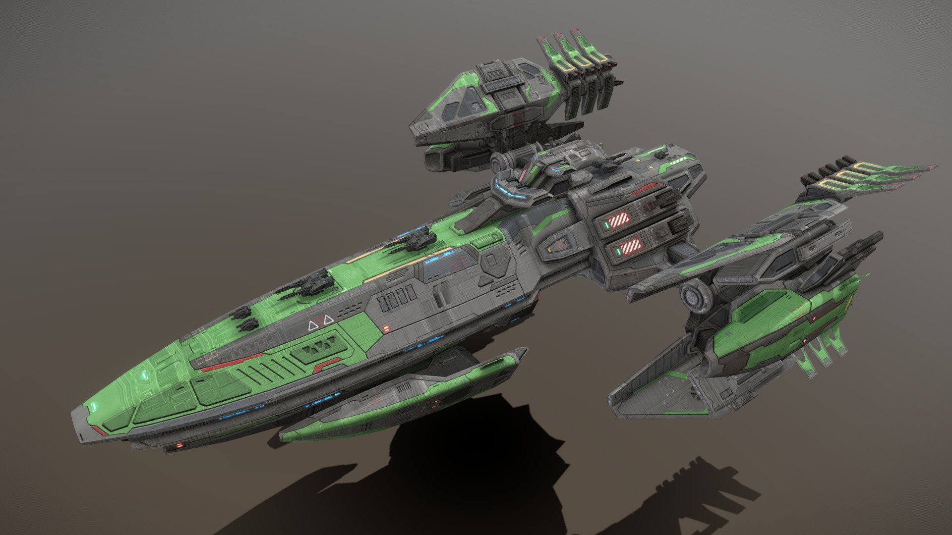 This is a model of a low-poly and game-ready scifi spaceship. 

The weapons are separate meshes and can be animated with a keyframe animation tool. The weapon loadout can be changed too. 

The model has several modular parts for bridge, engine and side modules. These parts can be changed to create different looking ships.

This model has optional maneuvering thrusters for newtonian physics based movement. They do fit on other ships too.

The model comes with several differently colored texture sets. The PSD file with intact layers is included.

Please note: The textures in the Sketchfab viewer have a reduced resolution (2K instead of 4K) to improve Sketchfab loading speed.

If you have purchased this model please make sure to download the “additional file”.  It contains FBX and OBJ meshes, full resolution textures and the source PSDs with intact layers. The meshes are separate and can be animated (e.g. firing animations for gun barrels, rotating turrets, etc) 3d model