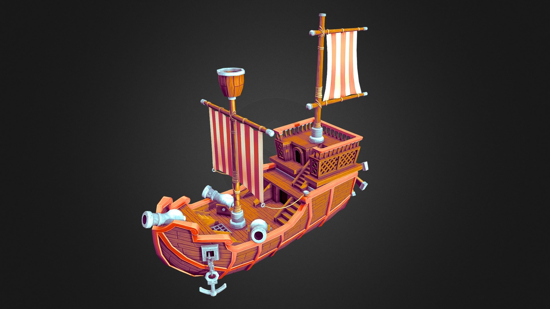 This stylized pirateship uses a material atlas where I overlay the UVs ontop of the material types; ala, wood, railing, cloth sail, etc. It benchmarks the start of a new development art pipeline where I can now focus more on modeling and unwrapping and less on texturing! - Hand-Painted Stylized Pirate Ship - 3D model by Graham (@graham3d) 3d model
