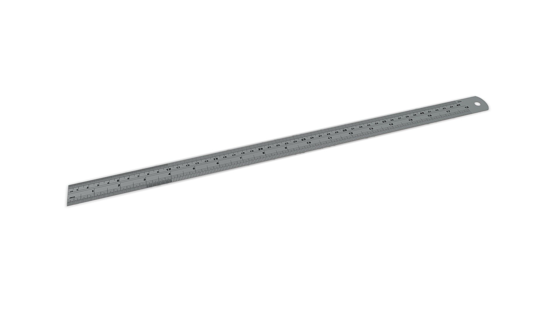 A high-quality stainless steel ruler. Real world scale with sub-millimetre precision. Measures up to 45cm or 18in.
Created in Blender. .blend file has textures packed (embedded in the file). Download textures.zip to use textures in other model formats.

Geometry:




Quads and tris

Not subdividable

Smooth shading with custom edge normal data

Modelled to real-world scale, units: metres

Mesh is watertight, manifold, and faces are planar.

Texturing:




PBR textures, Color, normal, specular, roughness.

4096x4096 resolution (4K)

png format

Entirely UV mapped with no overlap.
 - Steel Ruler - Buy Royalty Free 3D model by Martin Ibbett (@unyxium) 3d model