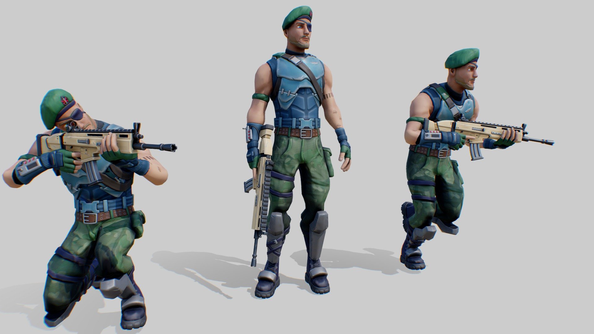 Here's the result of my latest class assignment. The goal was re create a skin from fortnite, from modelling to rigging. I decided to go for the garisson skin, we had around a month to do it but I managed to finish a bit early so I decided to add a scar from the game too. modelled in 3ds max and Zbrush, textured in substance painter 3d model