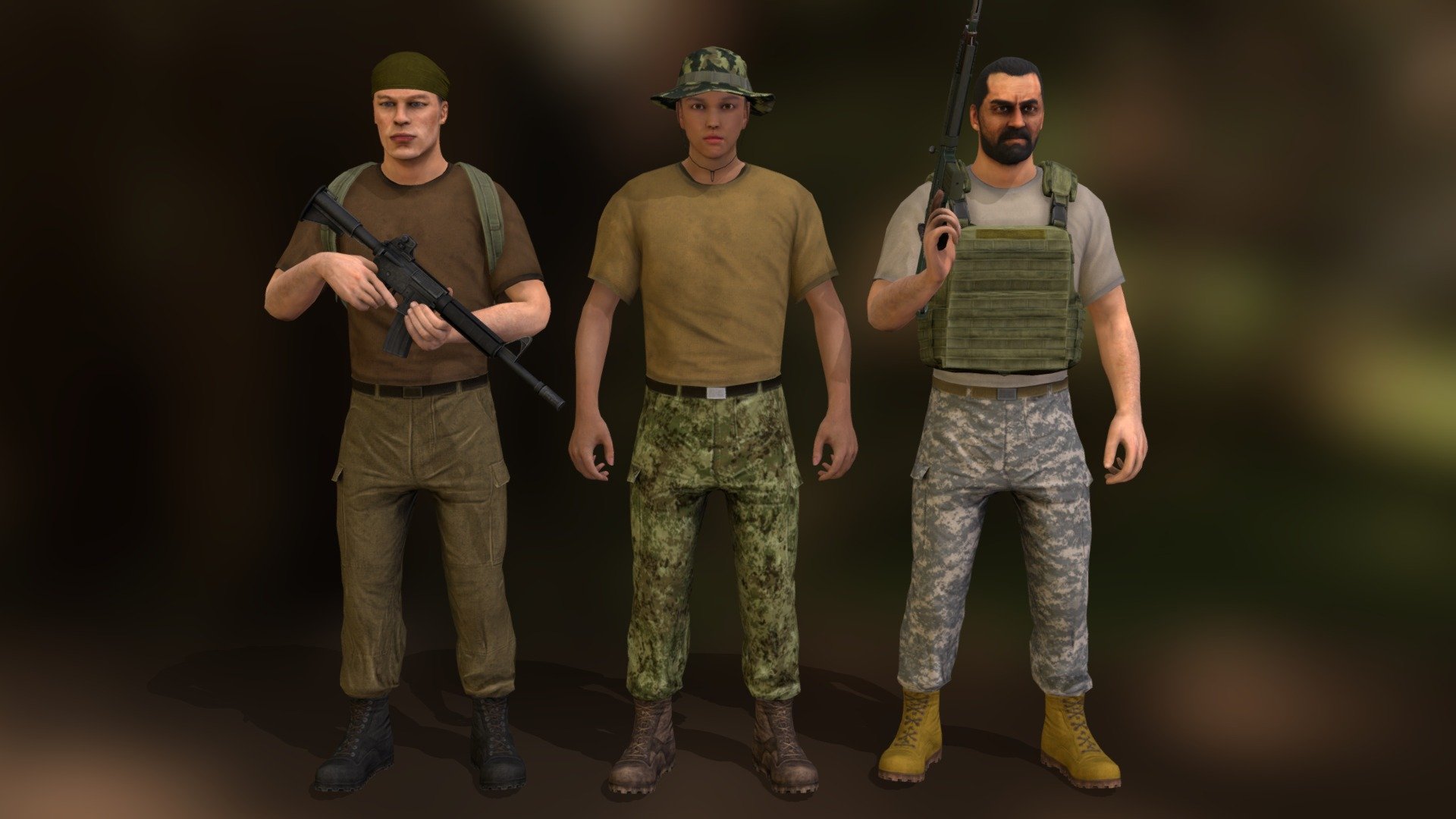 A Game-Ready, lowpoly characters with PBR textures. 
Characters from the pack: Modular military 2

Vertex/Tris counts of characters:
Minimum modules: 8574 / 14320,
Maximum: 9443 / 15076

Package contains: 
- Rigged &amp; skinned character, file format: mb, max, fbx, blend, c4d. 
- Textures resolution: 2048x2048, PNG-Format - Rebels - Buy Royalty Free 3D model by Slayver 3d model