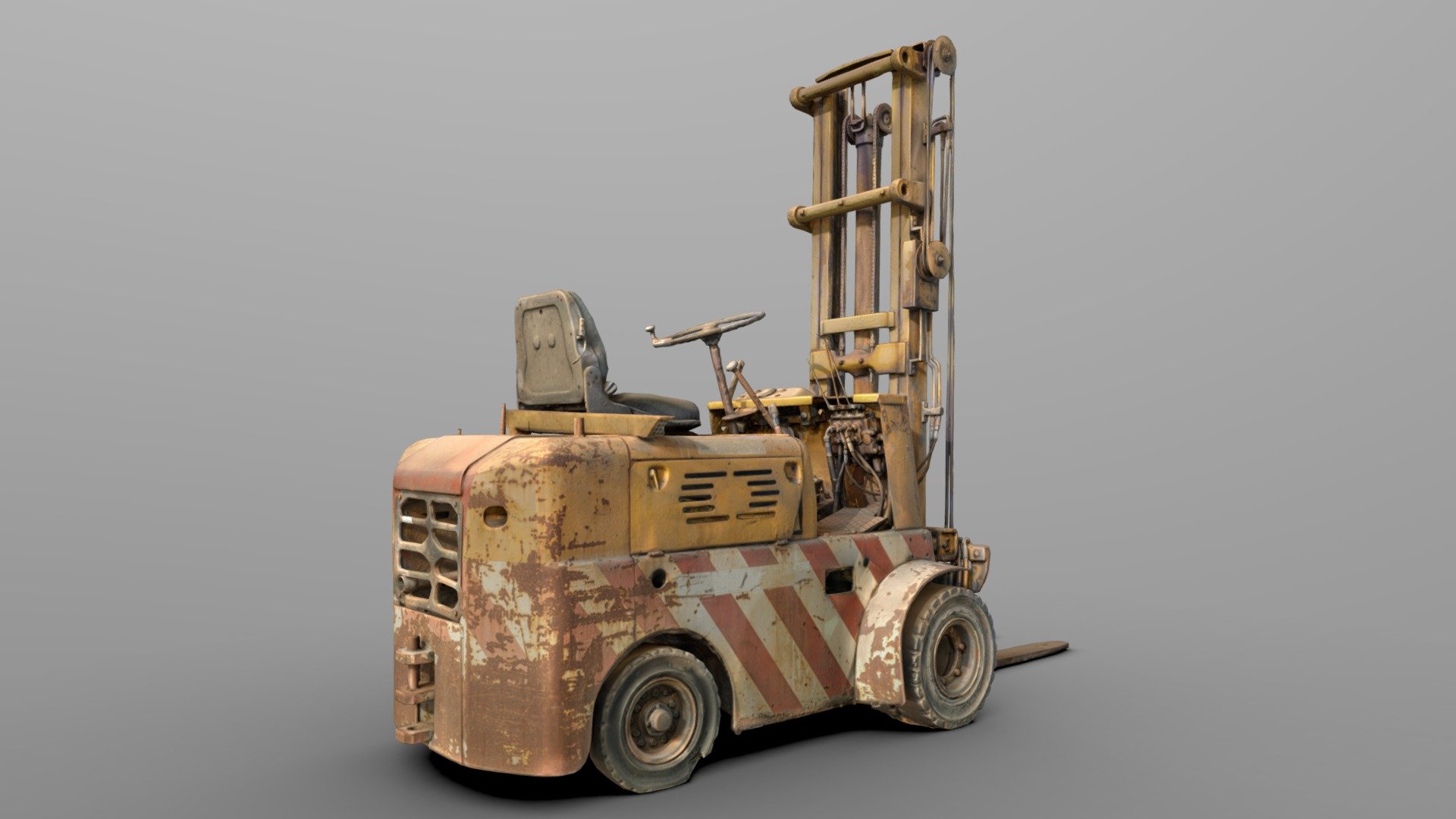 A decimated cleaner version of an old rusty and dusty fork lift. This came out after a massive raw photogrammetry scan I did a while ago, I reprocessed it focusing more on the lift itself and with a slightly different method and set of photos (1600 x45MP photos). There is a little bonus, a shovel just hanging there, I decided to keep it.

2x 8K textures, diffuse de-lighed, occlusion and normals from a 50M poly version

Personally I think a somewhat higher poly count would be better, let me know if it's something you'd like to see 3d model