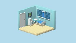 Cartoon hospital private ward room, bed, isometric, blender, low, poly