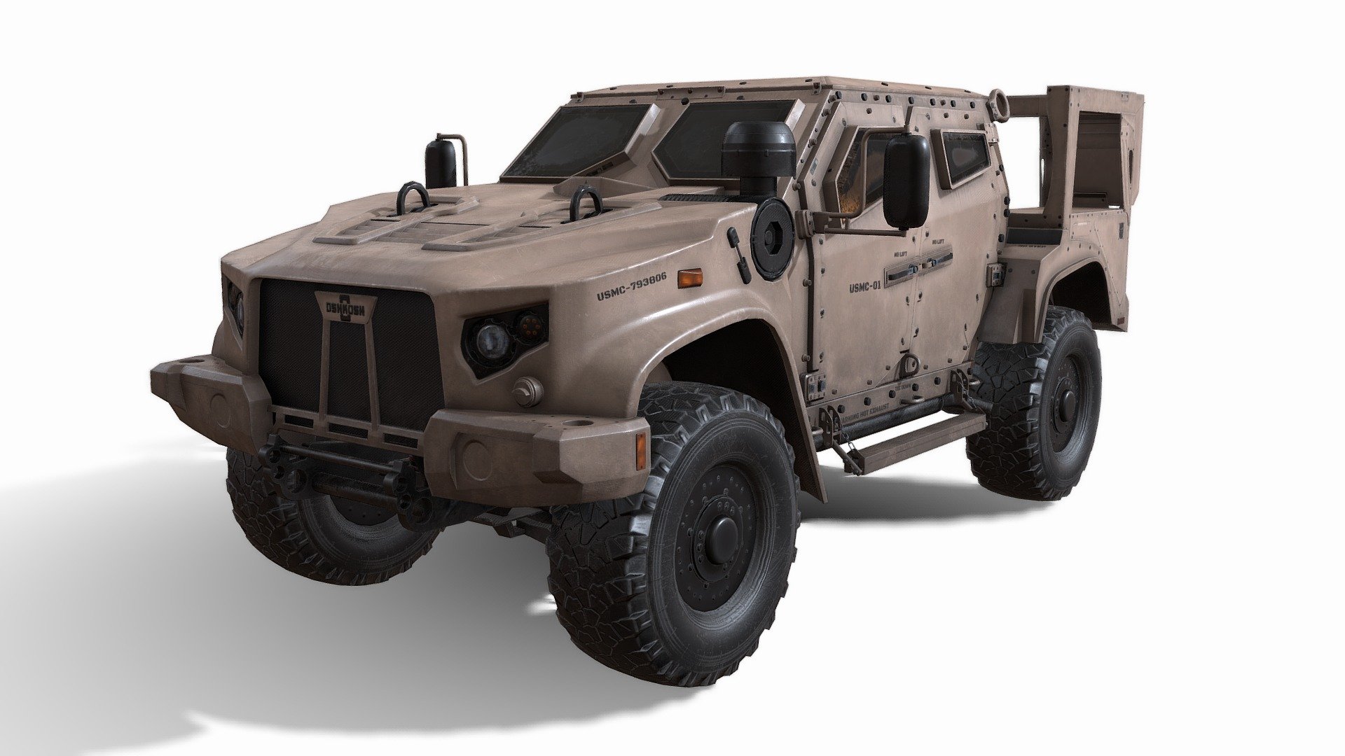 low poly 3d models of US military vehicle Oshkosh JLTV

INCLUDE: Olive Camo, Wood Camo

NO INTERIOR

Polycount:




Tris: 56 942

Texture sets:




4096x4096 (Front-body)

4096x4096 (Back-body)

1024x1024 (wheels)
 - Oshkosh JLTV - Buy Royalty Free 3D model by Vlad model's (@a3flife) 3d model