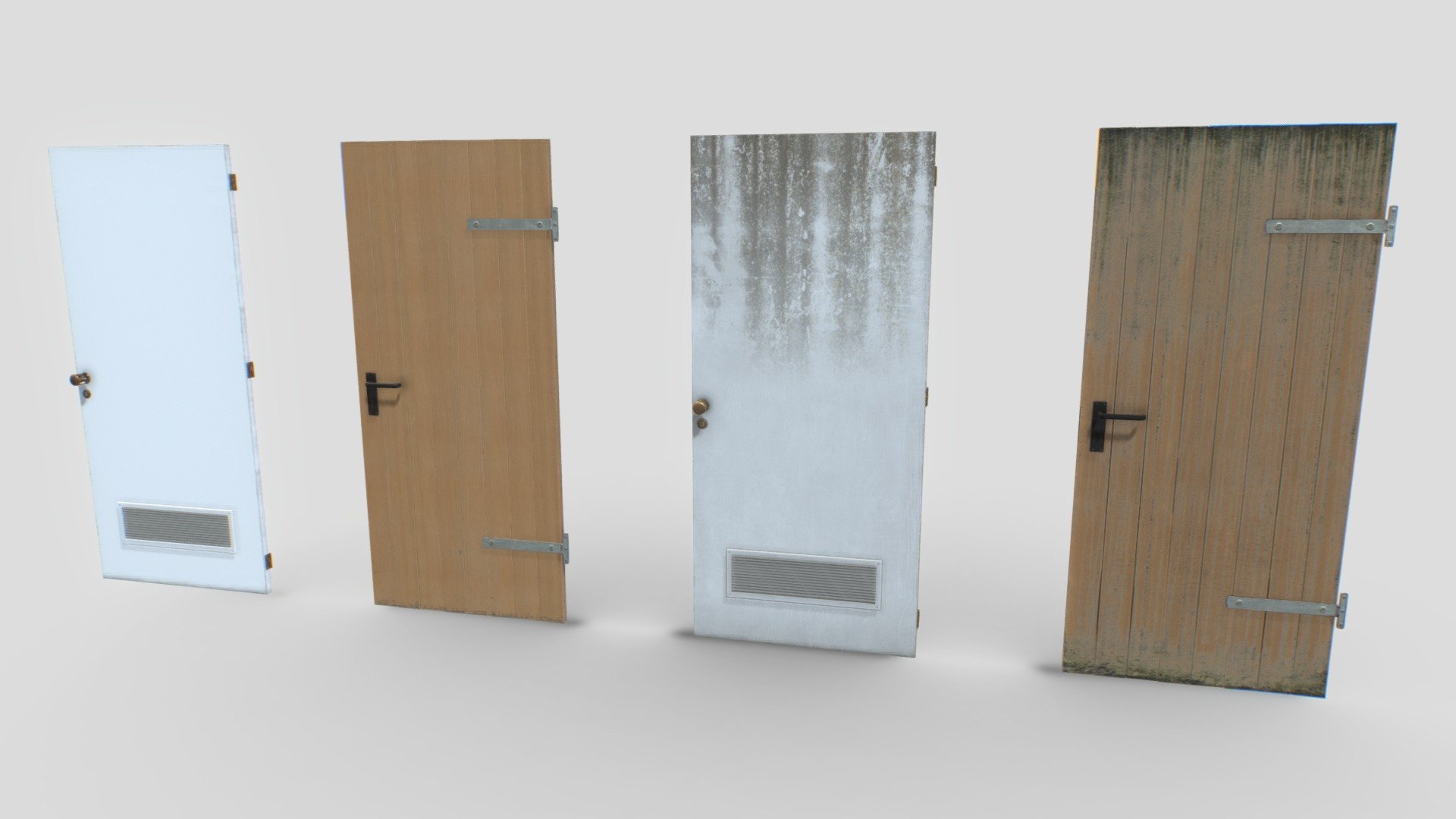 2 Basemment doors based in real ones. Real scale. Comes with 4096x PBR textures including Albedo, Normal, Metalness, Smoothness, Roughness and AO.

Model comes as a full object and in parts so you can animate it (hinges and handle). Also comes with 2 sets of textures, normal and another looking more old.

Door1: Total polys 2700. 1500 verts

Door2: Total polys 4000. 2200 verts - Basement Doors Pack 1 - Buy Royalty Free 3D model by 32cm 3d model