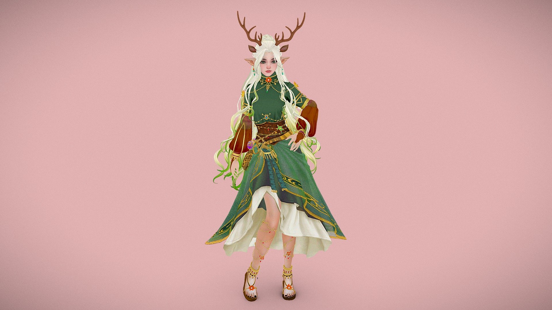 Immerse yourself in a mystical world with Ghzala, the Guardian of the Dream Forest. This graceful creature with white hair and enchanting green eyes comes to life with carefully crafted animation and flawless rigging.

Ghzala is adorned in a princess outfit inspired by nature, adorned with delicate leaves and floral patterns, blending her timeless elegance with the wild beauty of the forest. Every meticulous detail, from the folds of her gown to the subtle shades of her hair, offers a captivating visual experience.

This 3D model is ready for animation, whether for a magical scene in a video game or an animated story. With smooth and natural movements, Ghzala can be the perfect protagonist for your next creation 3d model