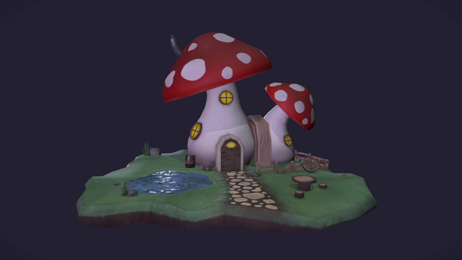 A cosy, little mushroom house by a small pond 3d model