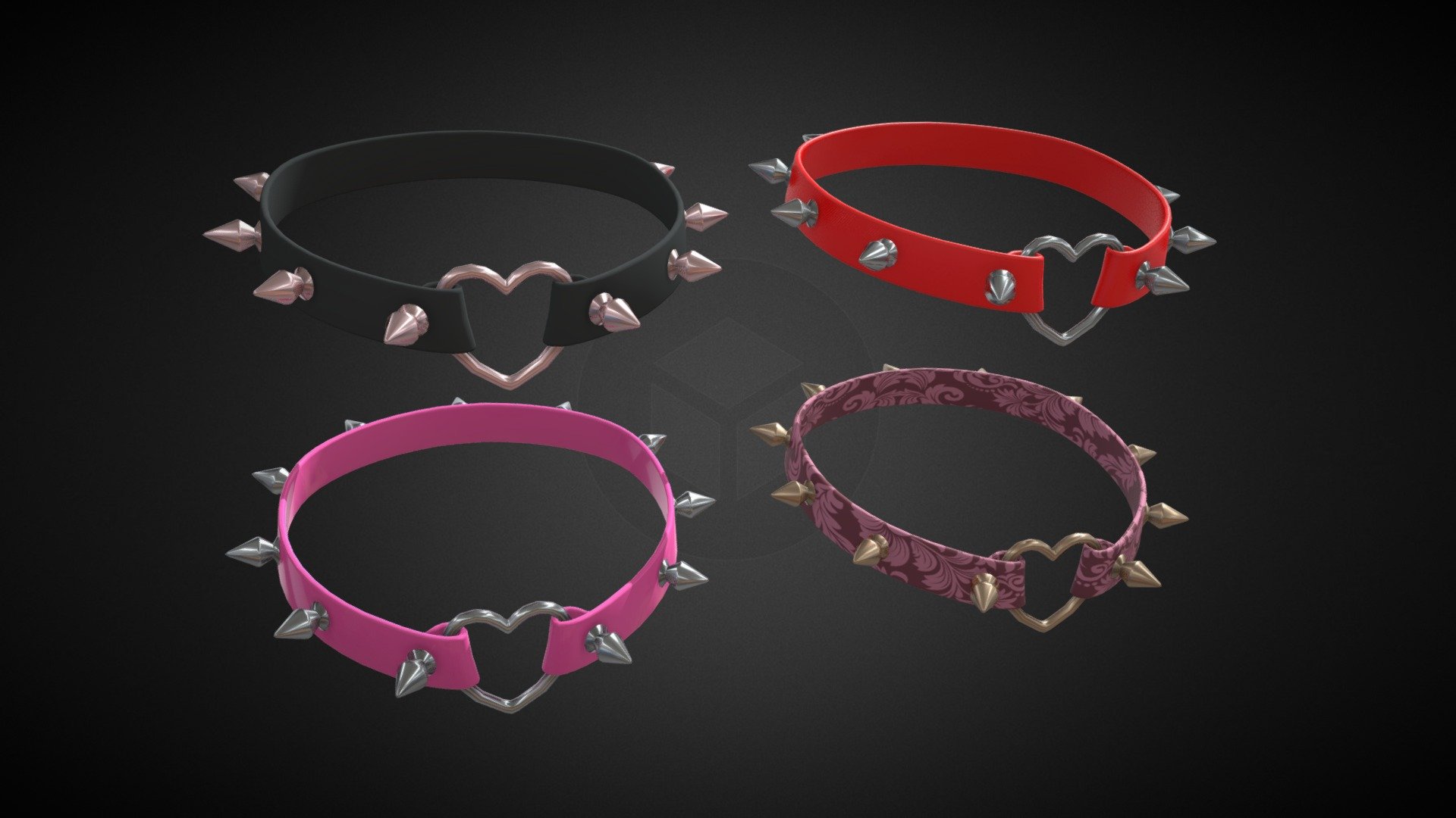“Courtney” comes in 4 finishes:




Black Leather / Rose Gold

Red Leather with white Dots / Chrome 

Pink Latex / Chrome

Purple Leather / Nickel Silver

Materials have very simple Principled BDSF shaders, and the leather textures are free assets. 
The leather straps have a Subdivision modifer, so it will look smoother than the preview you are seeing.

All the chokers are controlled and deformed by lattices 3d model