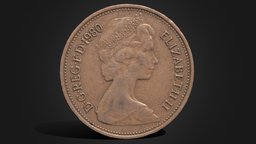 2 Pence coin, money, pence, macro-photogrammetry, photogrammetry, low, poly