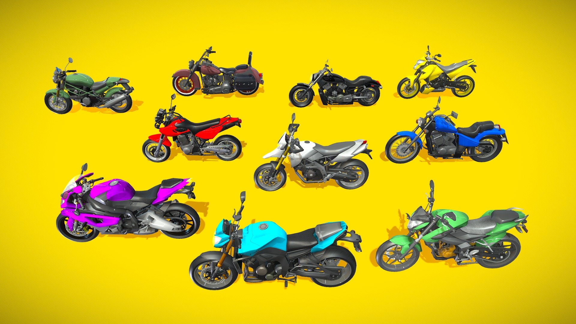 Rev up your game with our Low Poly 10 SUPER Bikes Pack! These sleek and stylish 3D models are perfect for adding a dose of adrenaline to your mobile or low-poly game project. Each bike is meticulously crafted, rigged, and ready for action, making it easy to integrate them seamlessly into your game.

Technical Details:

Texture dimensions: 1024px, 512px

Number of models: 10

Rigged: Yes

UV mapping: Yes

Polygon Counts:

Bike01: Polys 26k - Verts 14k

Bike02: Polys 34k - Verts 19k

Bike03: Polys 39k - Verts 20k

Bike04: Polys 29k - Verts 16k

Bike05: Polys 35k - Verts 20k

Bike06: Polys 33k - Verts 18k

Bike07: Polys 37k - Verts 19k

Bike08: Polys 33k - Verts 19k

Bike09: Polys 39k - Verts 20k

Bike10: Polys 39k - Verts 21k

Whether you're creating a racing game, an open-world adventure, or simply want to add some two-wheeled excitement to your project, the Low Poly 10 SUPER Bikes Pack is your ticket to a thrilling ride. Get ready to hit the virtual road like never before 3d model