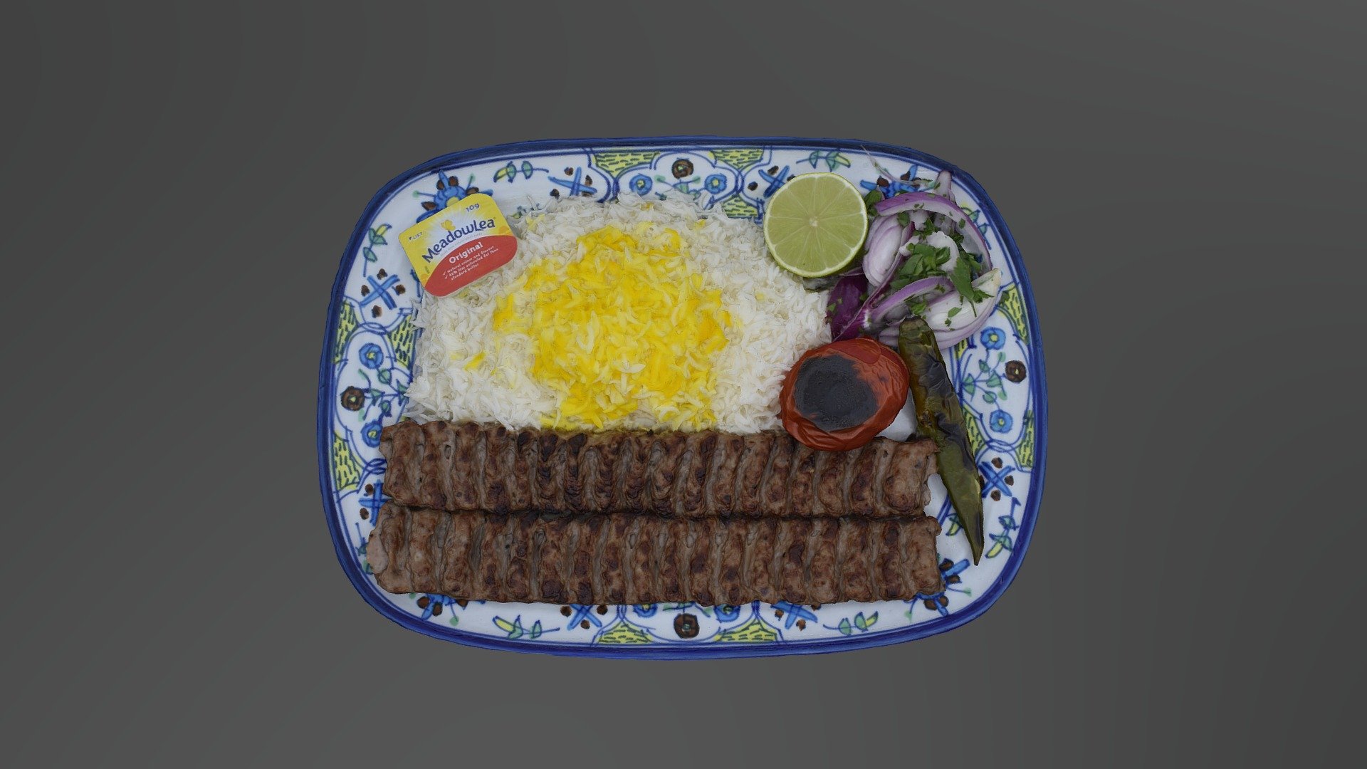 Two skewers of finely seasoned hand mince lamb served with steamed saffron rice and grilled tomato 3d model