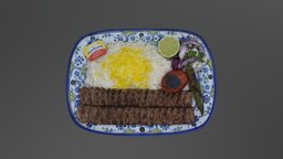 Koobideh (#1) food, rice, persian, lamb, kebab, skewer, grilled_tomato, saffron_rice, koobide, mince
