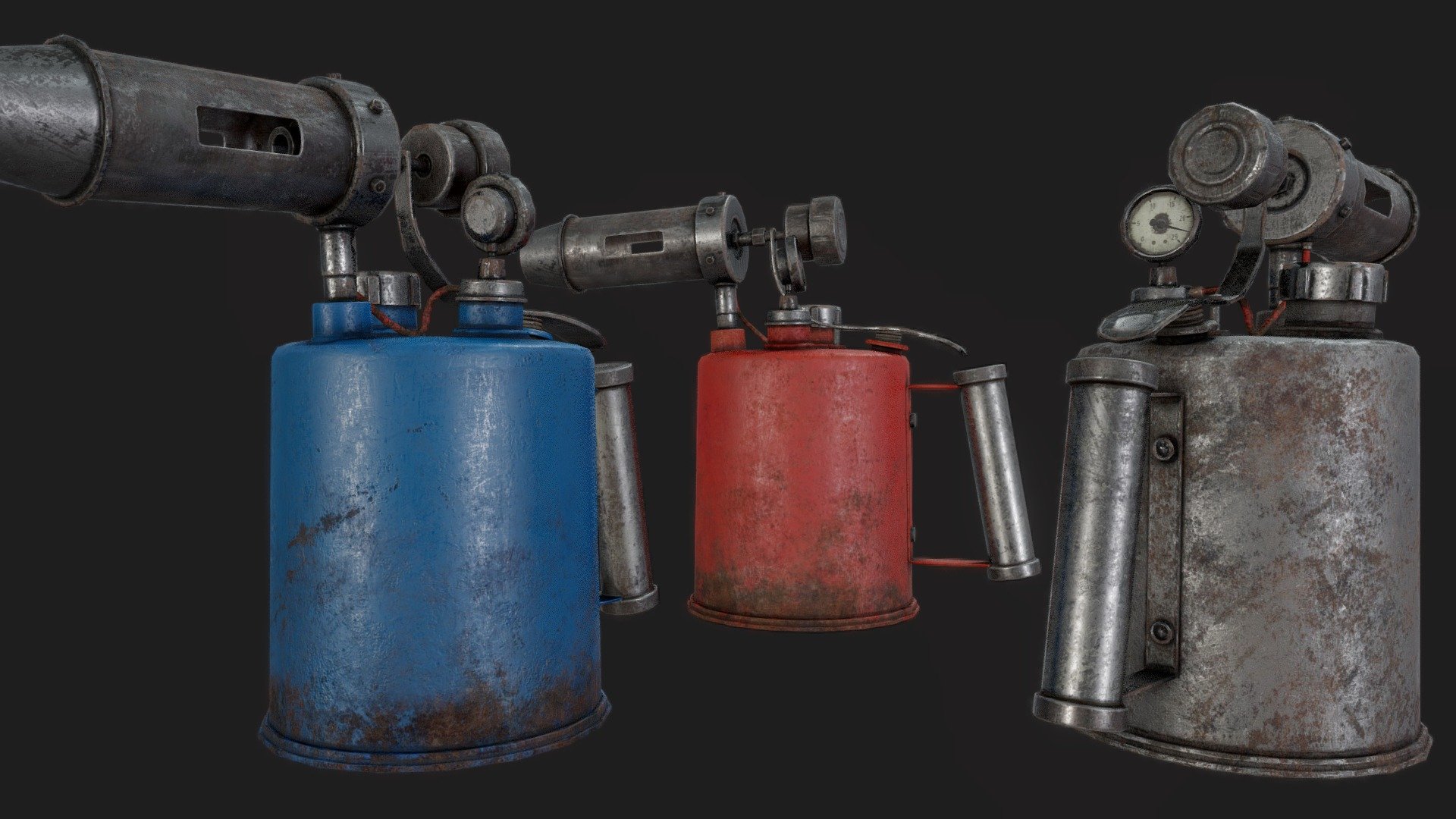 Very Detailed Low Poly old Antique Blowtorch with High-Quality PBR Texturing.

Fits perfect for any PBR game such as Survival, or other genres, and perfect as a Weapon, Tool, or Decoration.

The Mesh is unwrapped, and UV Mapped PBR Painted

Standard Textures 
Base Color, Metallic, Roughness, Height, AO, Normal, Maps

Unreal 4 Textures 
Base Color, Normal, OcclusionRoughnessMetallic

Unity 5/2017 Textures 
Albedo, SpecularSmoothness, Normal, and AO Maps

2048x2048 TGA Textures

Please Note, this PBR Textures Only.

I also included the Gauge Pointer seperated so it can be animated

Low Poly Triangles

8528 Tris 
4475 Verts

File Formats :

.Max2018 
.Max2017 
.Max2016 
.Max2015 
.FBX 
.OBJ 
.3DS 
.DAE - Old Blowtorch PBR - Buy Royalty Free 3D model by GamePoly (@triix3d) 3d model