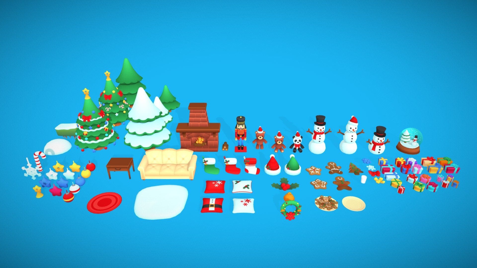Happy holidays, This little Christmas pack is now available to use in your scenarios and games.
Pack includes:

Assets Fbx Format.

Assets Obj Format.

Blend Archive

Render images:

Render Marmoset 

Render Marmoset

Render Marmoset

Other similar packages:

Medieval Toon Assets Set----------&gt;https://skfb.ly/6UIYp

Cemetery Toon Assets Set-----------&gt;https://skfb.ly/6VL6D

Furniture - Kitchen Pack---------------------&gt;https://skfb.ly/owPT9

Furniture - Living Room Pack------&gt;https://skfb.ly/oxxHR - Christmas Toon Assets - Buy Royalty Free 3D model by Ergoni 3d model