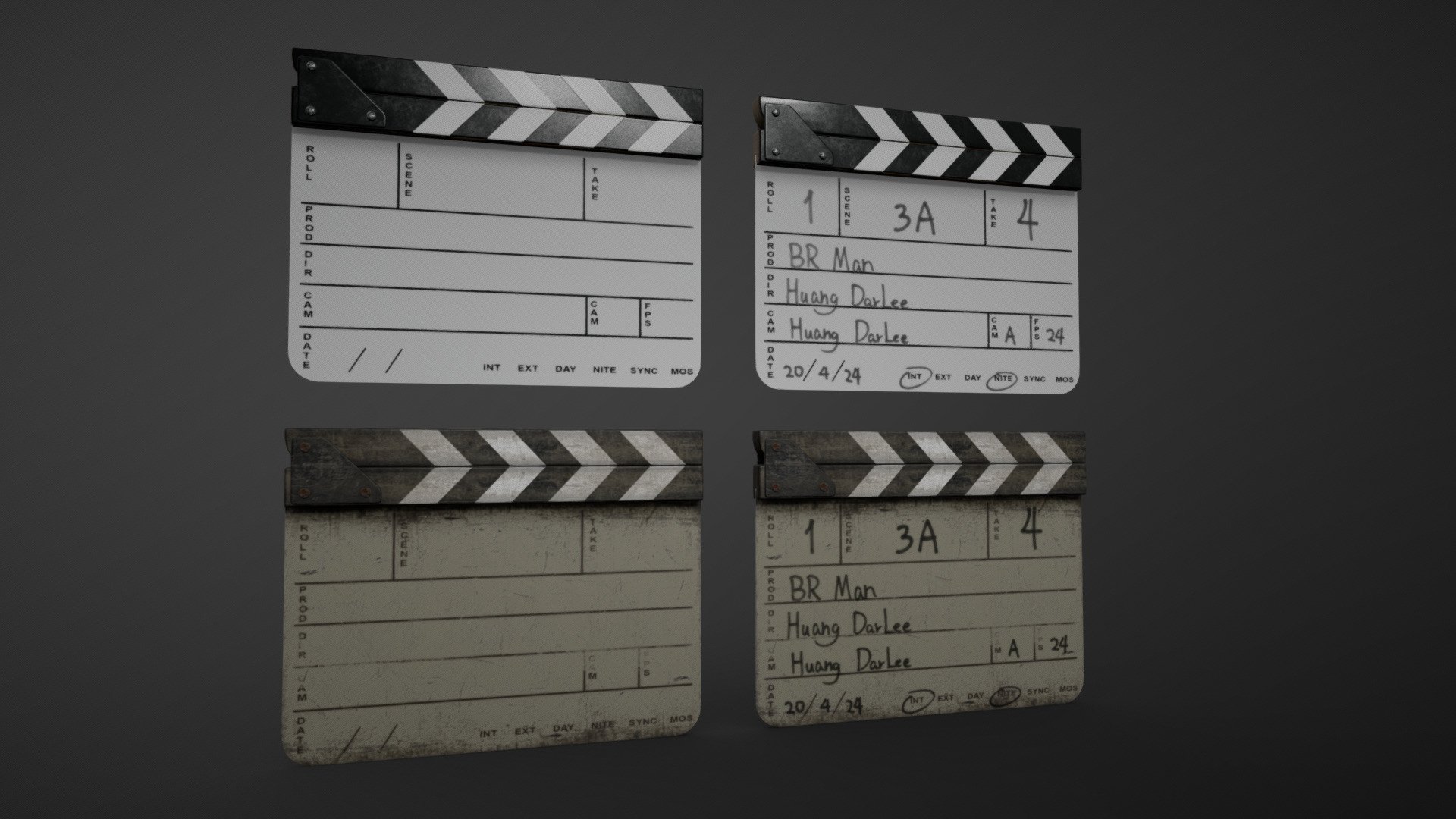 Clapperboard/Film slate in 2 different conditions. The texts are individual objects, so if you delete them, you can turn &ldquo;written