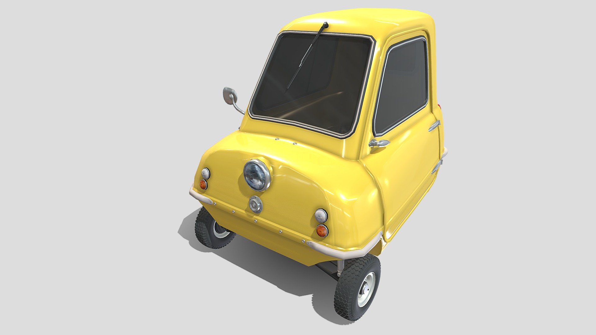 Highly detailed Peel P50 Micro Car with a detailed drivetrain (suspension, chassis, motor, steering, brakes) 3d model rendered with Cycles in Blender, as per seen on attached images. 
The 3d model is scaled to original size in Blender.

File formats:
-.blend, rendered with cycles, as seen in the images;
-.blend, with a seethrough of the chassis and drivetrain, rendered with cycles, as seen in the images;
-.obj, with materials applied;
-.dae, with materials applied;
-.fbx, with materials applied;
-.stl;

Files come named appropriately and split by file format.

3D Software:
The 3D model was originally created in Blender 2.8 and rendered with Cycles.

Materials and textures:
The models have materials applied in all formats, and are ready to import and render.
The models come with one png texture.

Preview scenes:
The preview images are rendered in Blender using its built-in render engine &lsquo;Cycles'.
Note that the blend files come directly with the rendering scene included and the render command will - Peel P50 Yellow with chassis - Buy Royalty Free 3D model by dragosburian 3d model