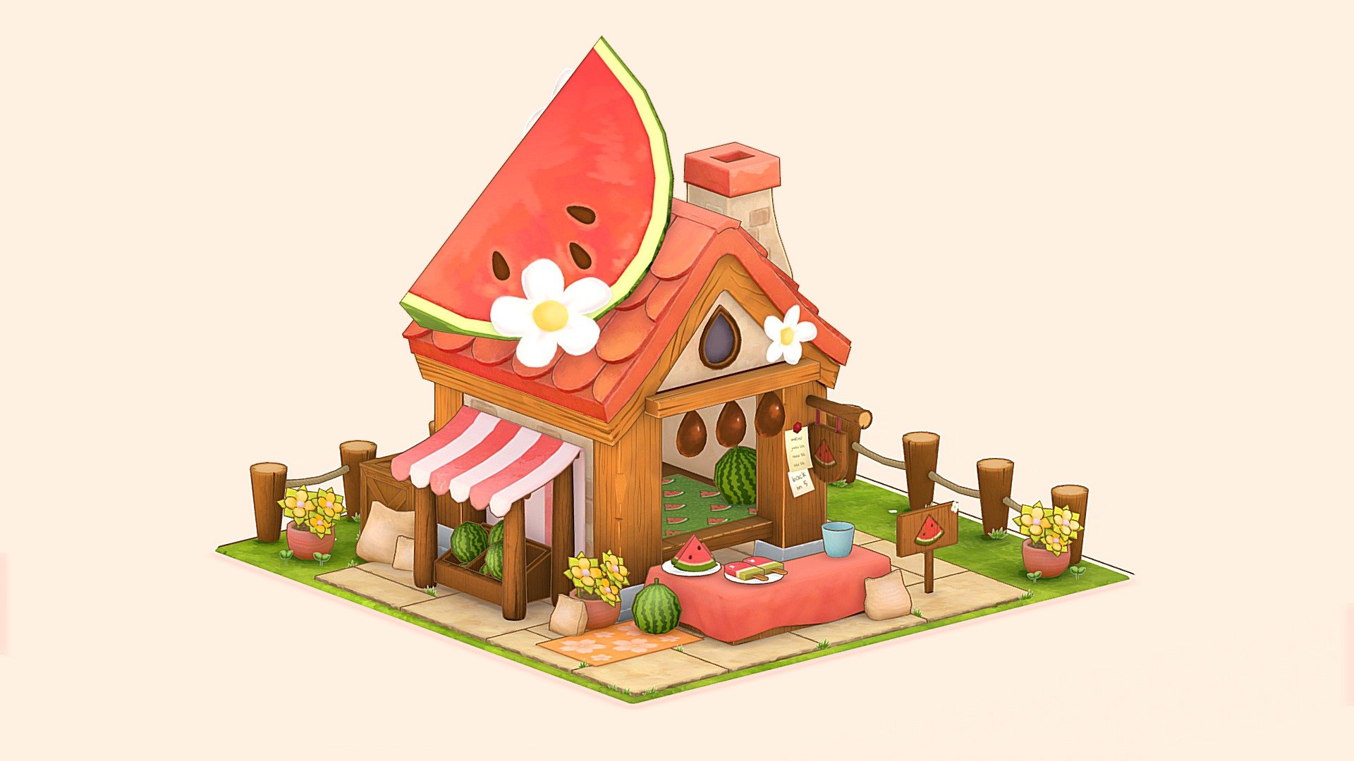 A juicy watermelon stall! My first handpainted, stylized diorama.
See more of my work here https://www.artstation.com/chelseaagno

Concept by the very talented Soyun Lee https://www.artstation.com/artwork/48Nkdk - Stylized Watermelon Stall - 3D model by Chelsea Agno (@chelsea.agno) 3d model