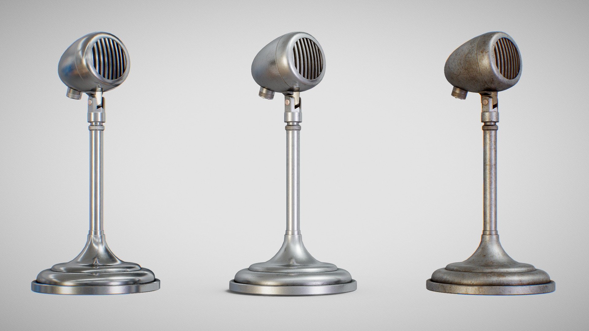 3D models of a vintage American D5T microphone created using reference pictures.

3D Models:




Modeled with Blender 2.80 Beta.

Textures:





Created with Substance Painter.




3 Texture Packs (Clean, Used and Dirty).




4K 8-bit PNG format.




PBR Metal/Roughness standard.


 - Microphone - American D5T (Clean, Used & Dirty) - Buy Royalty Free 3D model by Fabio Orsi (@fabioorsi) 3d model
