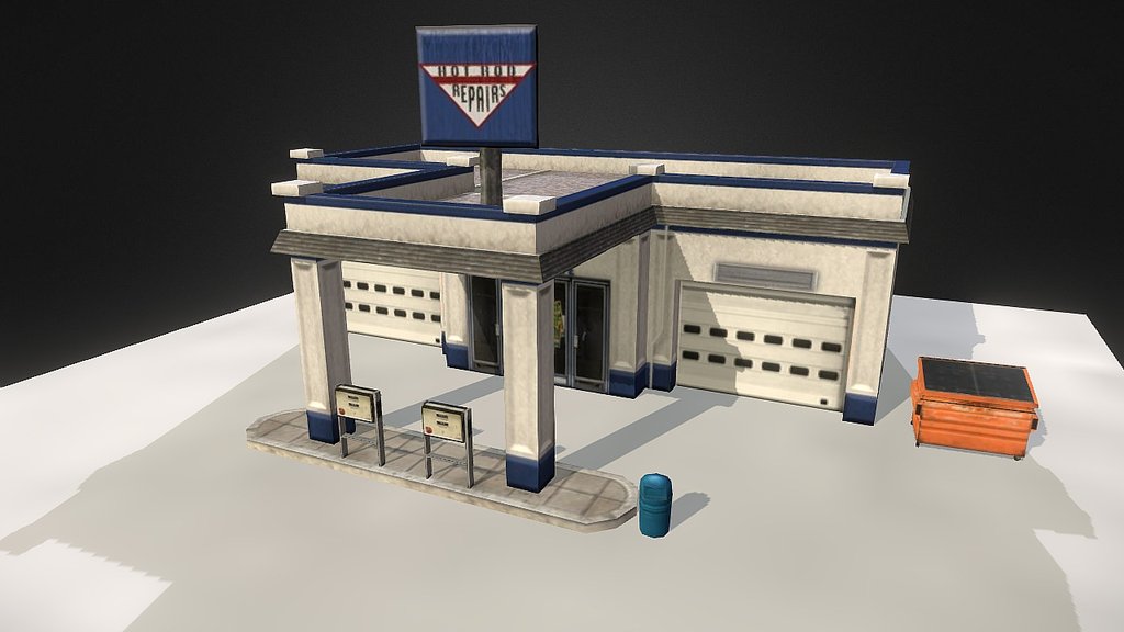 Simple gas station asset for Drive USA, an iOS title. This small asset shares its single 512x512 diffuse texture with another gas station asset and was used to populate 3 &lsquo;classic american' landscapes 3d model