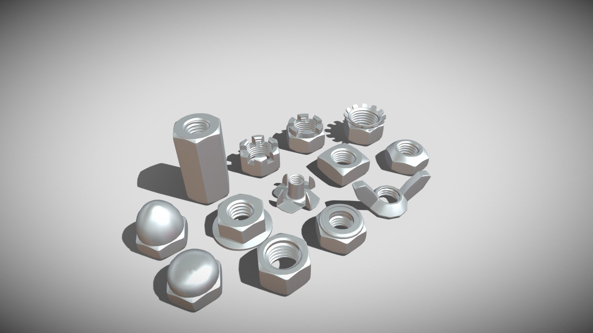 This pack contains 13 detailed models of different types of nuts, modeled in Cinema 4D and rendered using the physical renderer. The models were created using approximate real world dimensions.

All models are subdivision ready.

The poly count of the individual nuts are as follows:

Finished Hexagon Nut: Polys - 1728; Vertices - 1722

Nylon Insert Lock Nut: Polys - 1968; Vertices - 1968

Wing Nut: Polys - 660; Vertices - 650

Cap Nut: Polys - 1608; Vertices - 1604

Acorn Nut: Polys - 1656; Vertices - 1628

Flange Nut: Polys - 1632; Vertices - 1656

Pronged Tee Nut: Polys - 2320; Vertices - 2290

Square Nut: Polys - 1344; Vertices - 1338

Prevailing Torque Lock Nut: Polys - 1584; Vertices - 1578

Kep Nut: Polys - 3810; Vertices - 3756

Coupling Nut: Polys - 5092; Vertices - 5087

Slotted Nut: Polys - 2520; Vertices - 2535

Castle Nut: Polys - 2847; Vertices - 2875

An additional file has been provided containing the original Cinema 4D project files and other 3d export files such as 3ds, fbx and obj 3d model