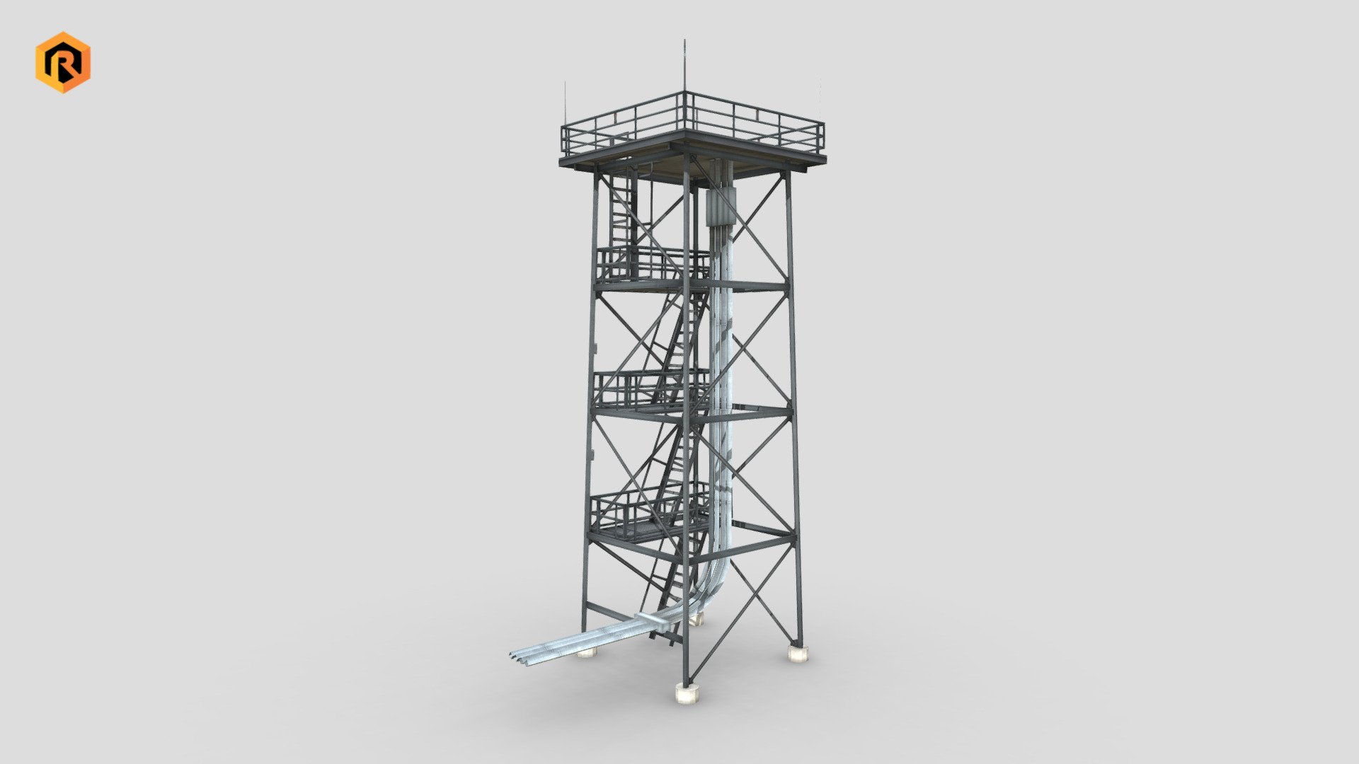 Low-poly 3D model of Guard Tower with some connection pipes.

It is best for use in games and other VR / AR, real-time applications such as Unity or Unreal Engine. 

It can also be rendered in Blender (ex Cycles) or Vray as the model is equipped with detailed textures.  

You can also get this model in a bundle: https://skfb.ly/owqyZ

Technical details:  




2048 x 2048 Diffuse and AO texture set  

978 Triangles  

854 Vertices  

Model is one mesh.  

Model completely unwrapped.  

Model is fully textured with all materials applied.   

Pivot point centered at world origin.  

All nodes, materials and textures are appropriately named.

Lot of additional file formats included (Blender, Unity, Maya etc.)  

More file formats are available in additional zip file on product page.

Please feel free to contact me if you have any questions or need any support for this asset.

Support e-mail: support@rescue3d.com - Guard Tower - Buy Royalty Free 3D model by Rescue3D Assets (@rescue3d) 3d model