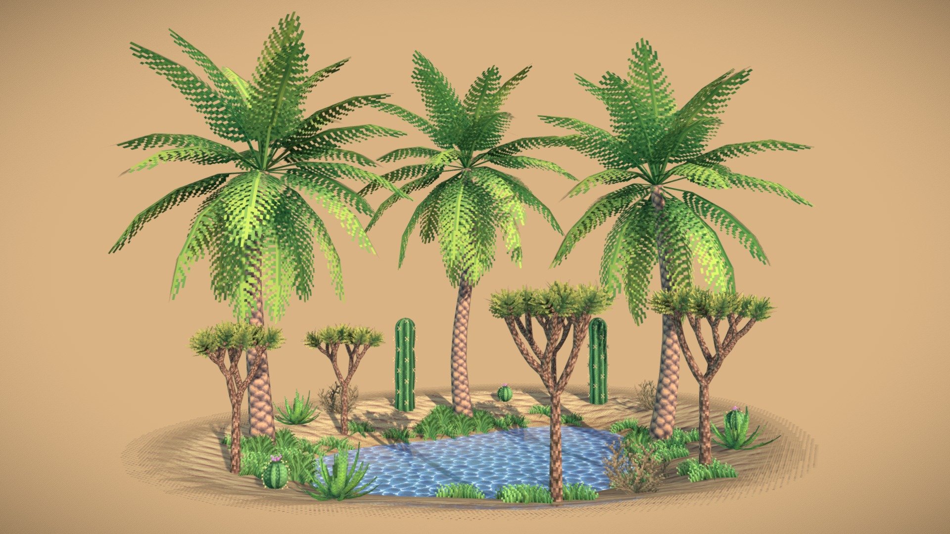 Another environment for the low-fi collection.

Let me know what natural environments you'd like to see next :) - Pixel Art Desert Oasis - Buy Royalty Free 3D model by jackchallans 3d model