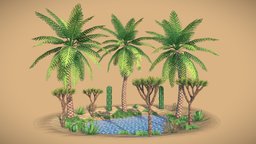 Pixel Art Desert Oasis cactus, desert, retro, pond, cacti, water, nature, bush, pixeltexture, palmtree, succulent, low-fi, oasis, lowfi, folliage, game, blender, lowpoly, gameart, pixelart, joshuatree