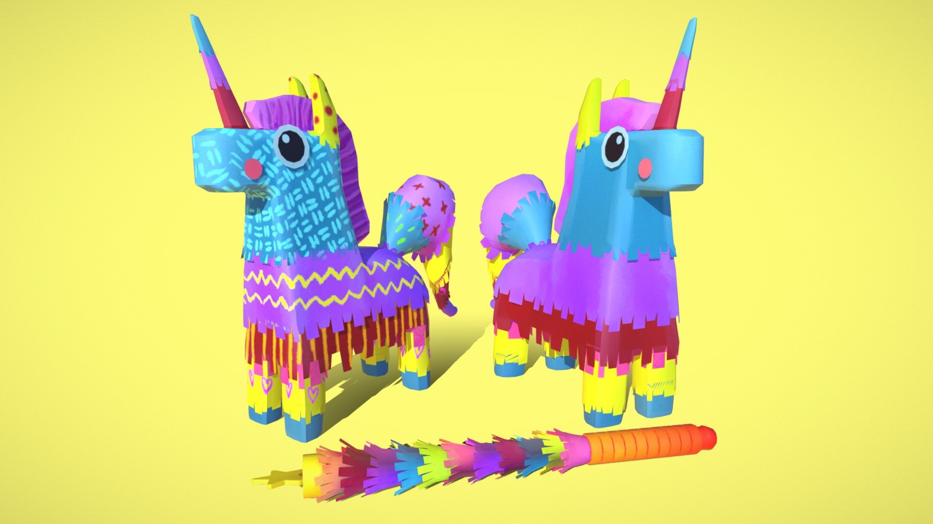 Cute pinata pack with watercolor textures ready to be integrated into a game ! Pack also contain exploded versions of the pinata (26 and 87 parts) so you can switch it in Unity or Unreal when you want to make it explode :)

You can fill it with my low poly stylized candy pack: https://sketchfab.com/3d-models/low-poly-stylized-candy-pack-60ecdd93e5f540749df2467cea7ac6c7

Please feel free to contact me if you have any questions or problems with the assets 3d model