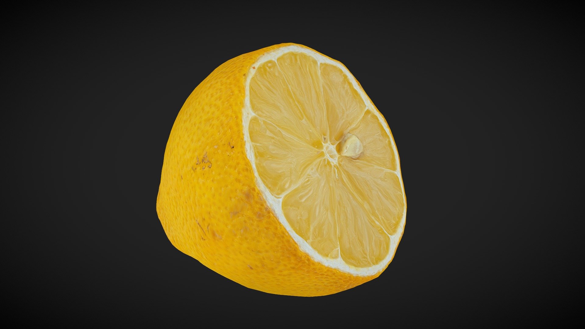 3D scan of a lemon cut in a half with visible inside, looking less fresh but still fine to eat (use).

Reconstucted in RC from 90 DSLR images.

8K texture 3d model