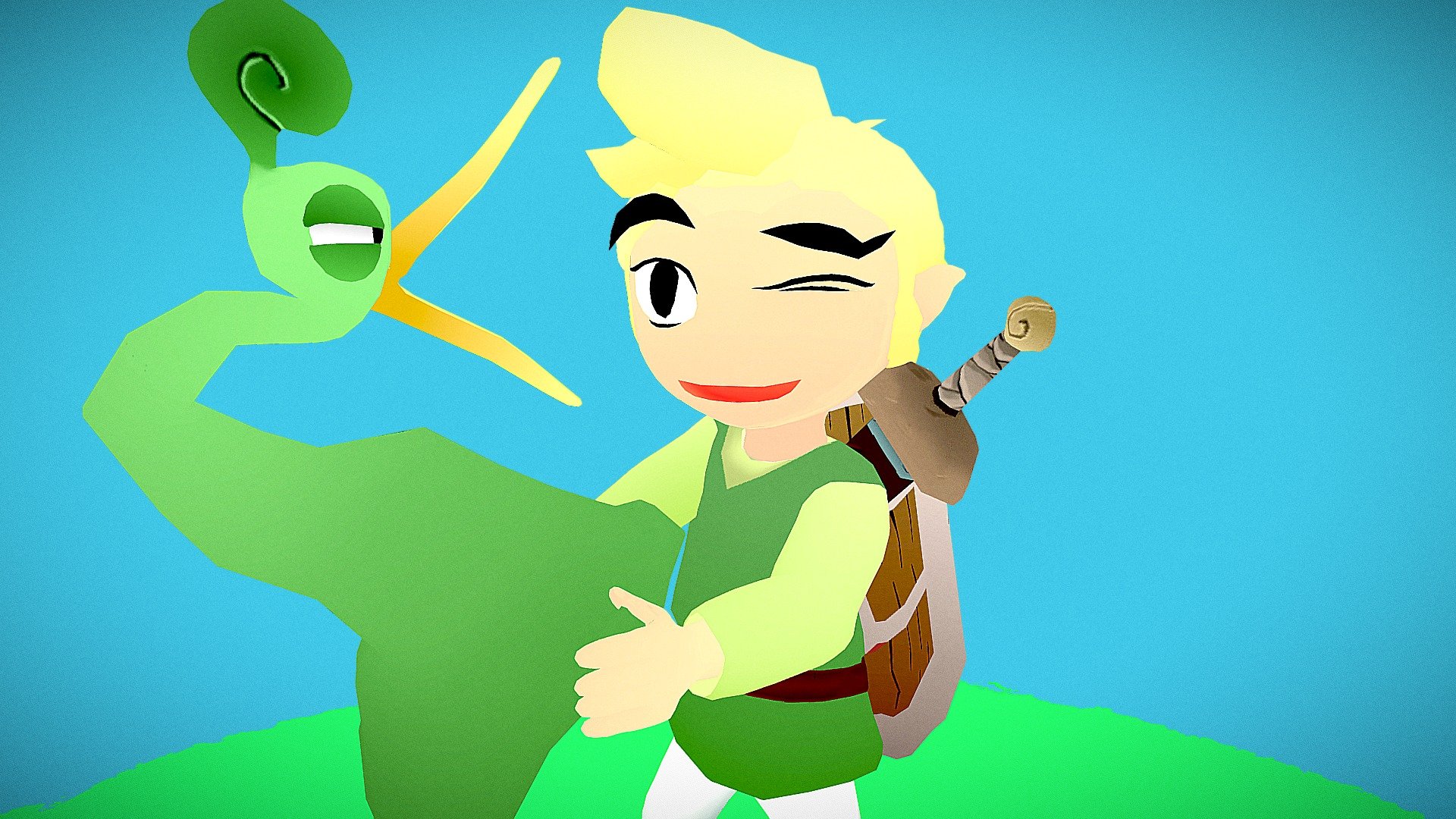 A model handpainted of the link from the legend of Zelda the Minish Cap, tring to emulate the stylized style of this game in a 3D world.

Fulled Rigged, and texturized, made all in Blender, posing in an iconic scene from the game arts.

includes the first Sword and Shield from the game, all texturized 3d model
