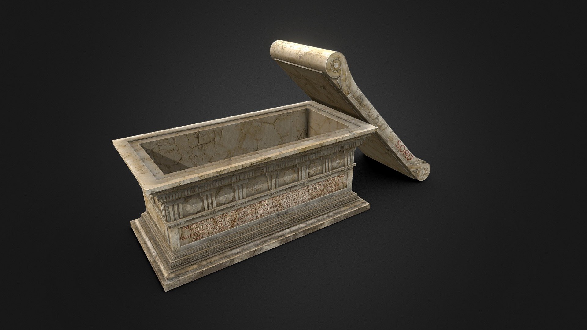 I wanted to make a new hellenic thing, but then realised that this may be original Roman design - at least I found no evidence of greek origins of the design. It's still doric though!

This model is based on the sarcophagus of Lucius Cornelius Scipio Barbatus (clearly a roman guy), and here is the fun fact - the inscription on the tablet was once redone, most likely by one of the relatives of Scipio. 

So I changed the text a bit with some lines from the movie &ldquo;Blood &amp; Concrete: A Love Story