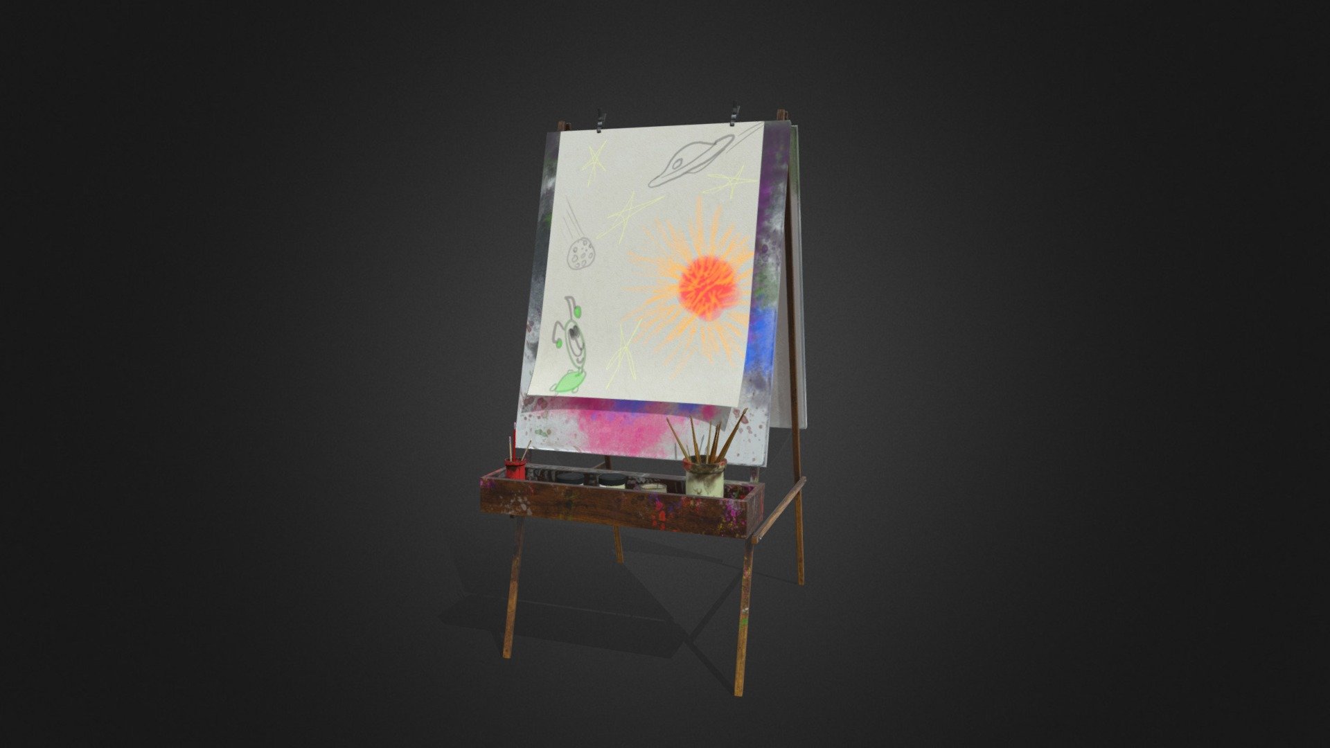 Kid's wooden art easel with paints, cups, pencils and brushes

Modeled in Maya
Textured in Substance painter - Kid's Easel - Download Free 3D model by Alec Huxley (@alechuxley) 3d model