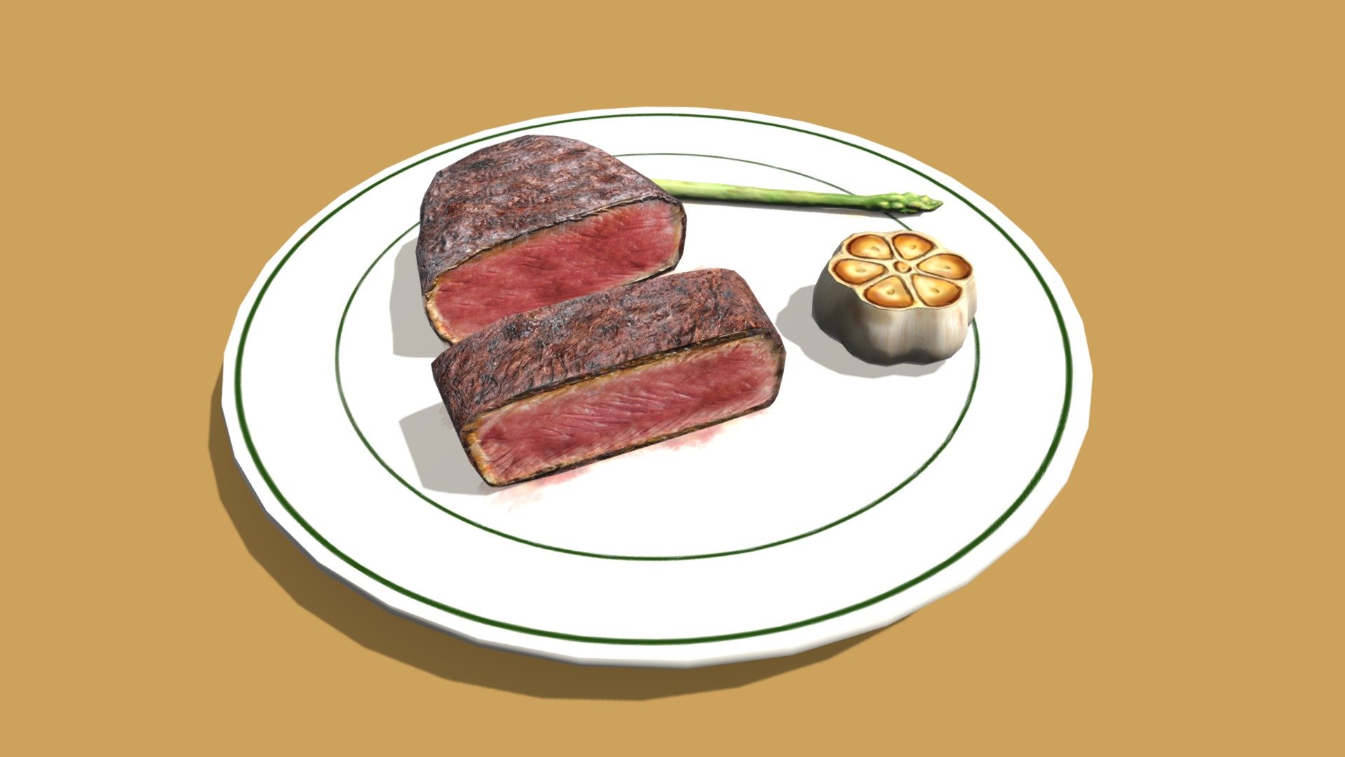 Hi~ It is a steak

It has 982 Polys and 980 Vertex.
It can be used in game,VR,AR,CG. 

It have 4 pics.

2048*2048 size

Albedo1
Ao1
MetallicSmoothness1
Normal1

Display pics use Substance painter to render.

I hope you like it~

Thank you.If you have any question , please tell me 3d model