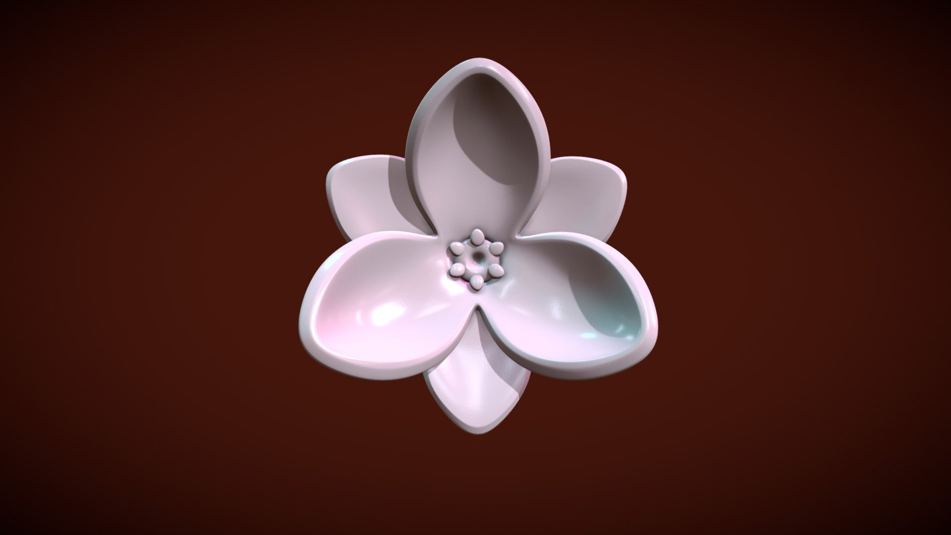 Print ready flower.

Measure units are millimeters, the figure is about 18.5 mm in width.
Petal thickness is about 1.1 mm.

Mesh is manifold, no holes, no inverted faces, no bad contiguous edges.

Available formats: .blend, .stl, .obj, .fbx, .dae

Here is three versions of the model:

1) Flower_sld. (blend, .obj, .fbx, .dae. stl) This files contain solid version of the model. The model consists of 172872 triangular faces.

2) Flower_prts. (blend, .obj, .fbx, .dae. stl) Here is parts before boolean operations. The model consists of 216756 triangular faces 3d model