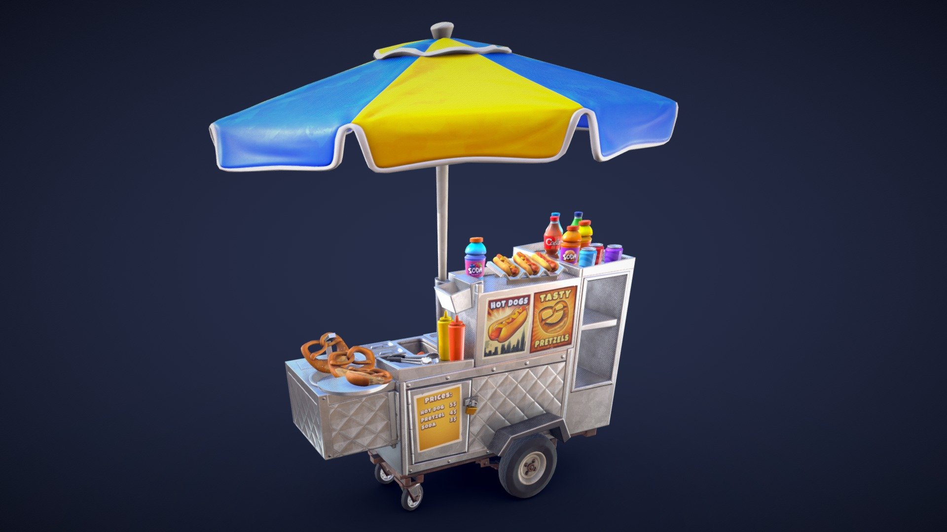 This is a stylized hot dog cart pack includes 29 unique assets. Inspired by the vibrant and bustling streets of New York, this pack brings the charm of the city’s iconic hot dog carts right to your fingertips.🌭


This purchase includes the following asset packs:



Stylized Hot Dogs and Buns - Low Poly

Stylized Pretzels - Low Poly

Stylized Soft Drinks / Soda - Low Poly

Model information:




Optimized low-poly assets for real-time usage.

2K and 4K textures for the assets are included.

Additional unposed hot dog cart mesh is included.

Optimized and clean UV mapping.

Compatible with Unreal Engine, Unity and similar engines.

All assets are included in a separate file as well.

Here is a look at the assets included in this pack:
 - Stylized Hot Dog Cart - Low Poly - Buy Royalty Free 3D model by Lars Korden (@Lark.Art) 3d model