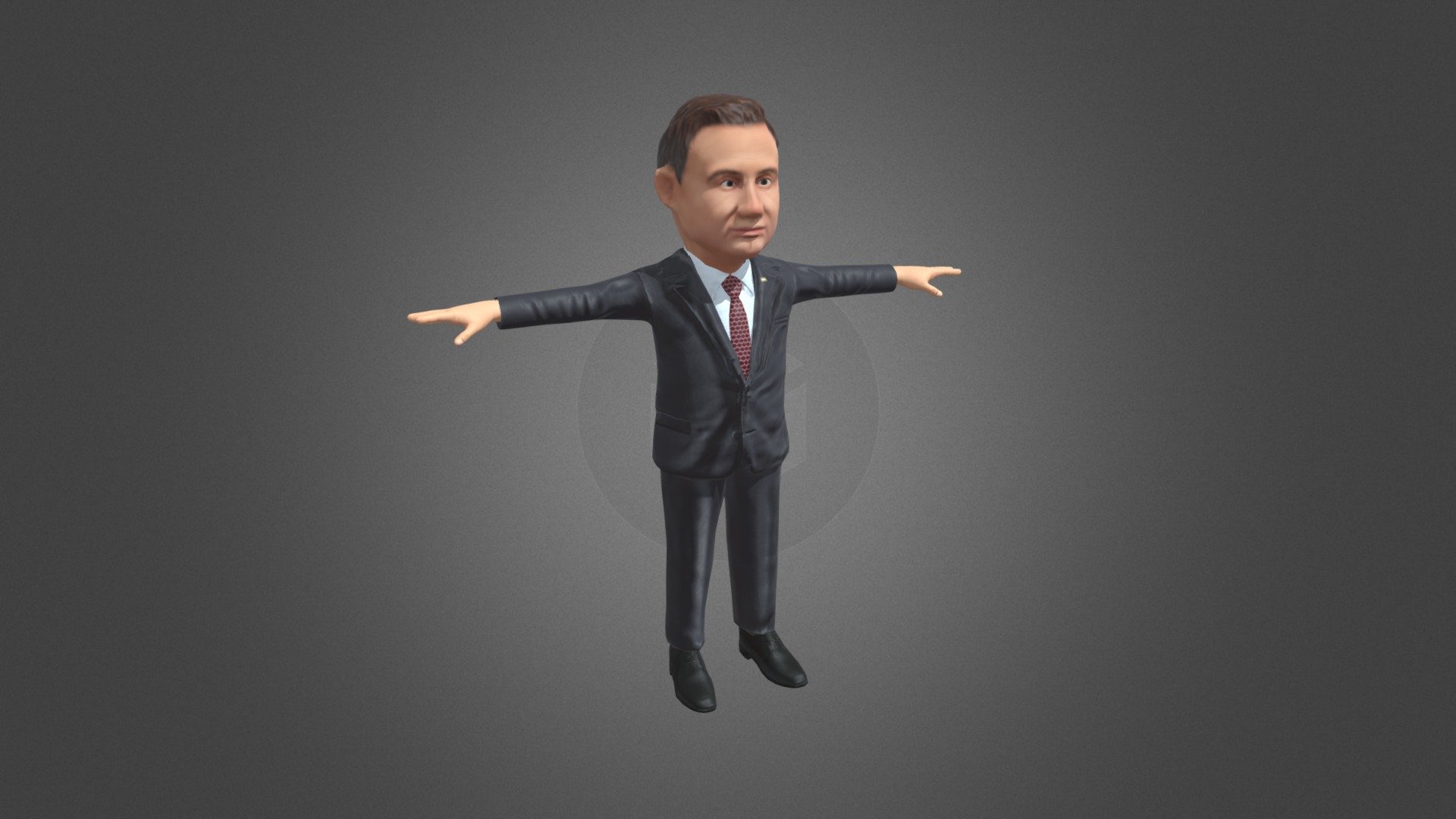 Low poly 3D caricature of Duda Andrzej. Rig in T-pose is humanoid mecanim ready. Rig contains additional skinned bones that can be used for facial animations.

Textures are RGB 4K in png format. Can be reduced to 1K without significant decrease to quality. Color map and normal map are included.
This model can be used in your projects for commercial purpose.

Number of textures - 2
Texture dimensions - 512*512 px
Number of meshes/prefabs - 1
Types of materials and texture maps (e.g., PBR)  - RGB - Duda Andrzej - Hypercasual 3D Caricature - 3D model by VinAlex 3d model