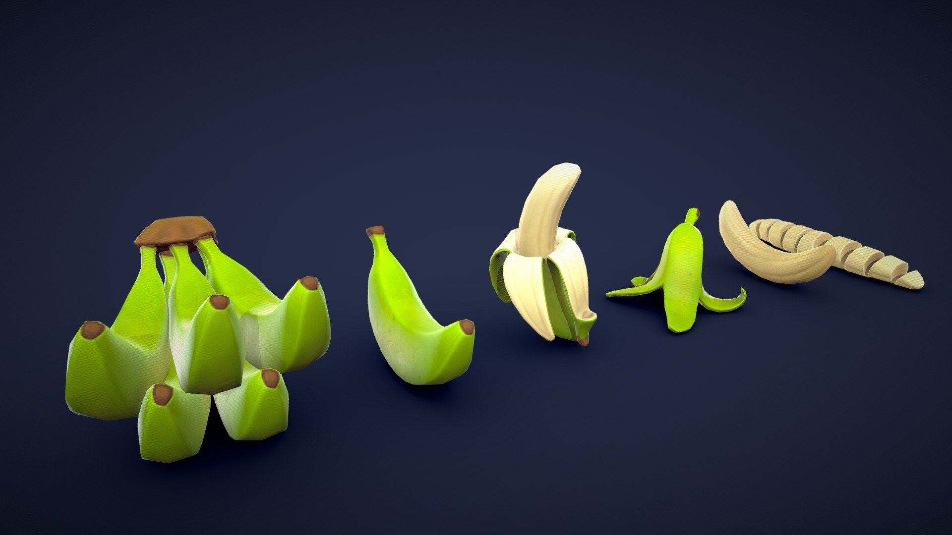 This asset pack contains 7 different banana meshes. Whether you need a overripe banana for a game or some props for an enviroment, this 3D stylized banana asset pack has you covered! 🍌

Model information:




Optimized low-poly assets for real-time usage.

Optimized and clean UV mapping.

2K and 4K textures for the assets are included.

Compatible with Unreal Engine, Unity and similar engines.

All assets are included in a separate file as well.
 - Stylized Banana Underripe - Low Poly - Buy Royalty Free 3D model by Lars Korden (@Lark.Art) 3d model