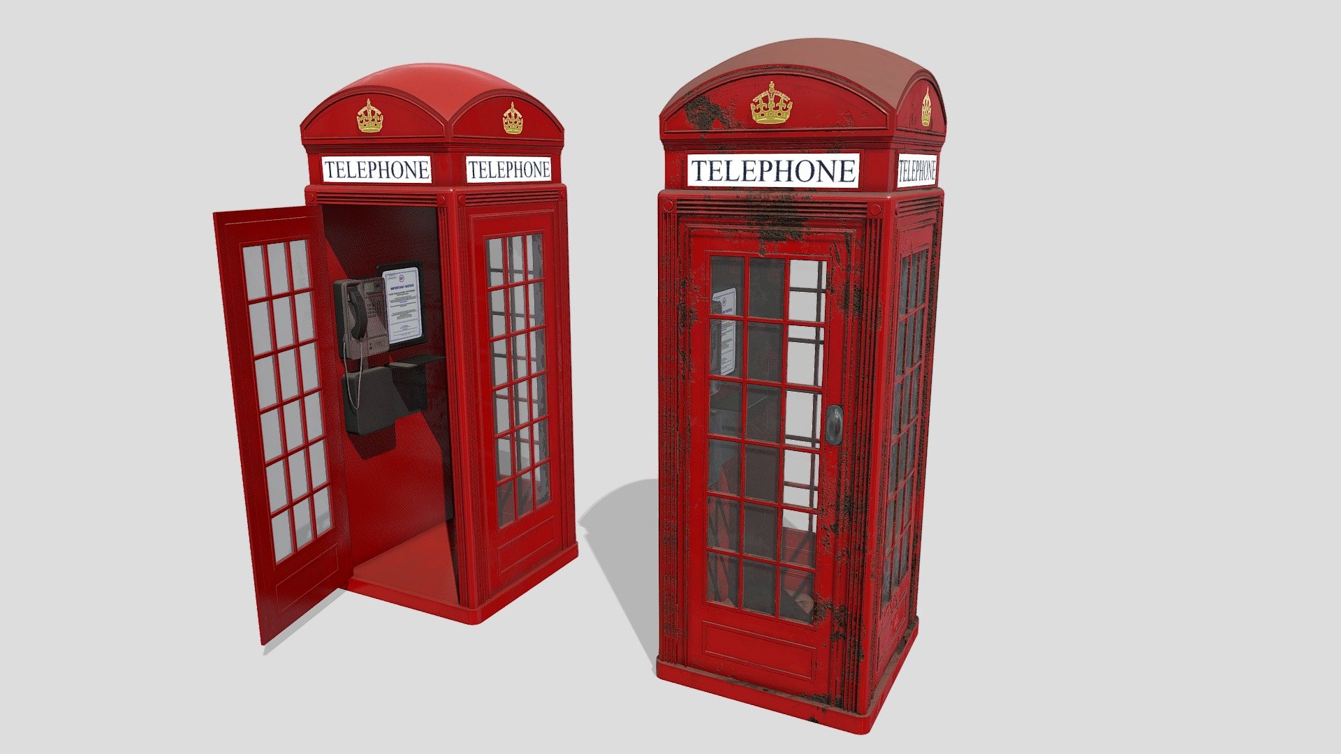 Low Poly Red Phone Box with 2 varying levels of decay textures 3d model