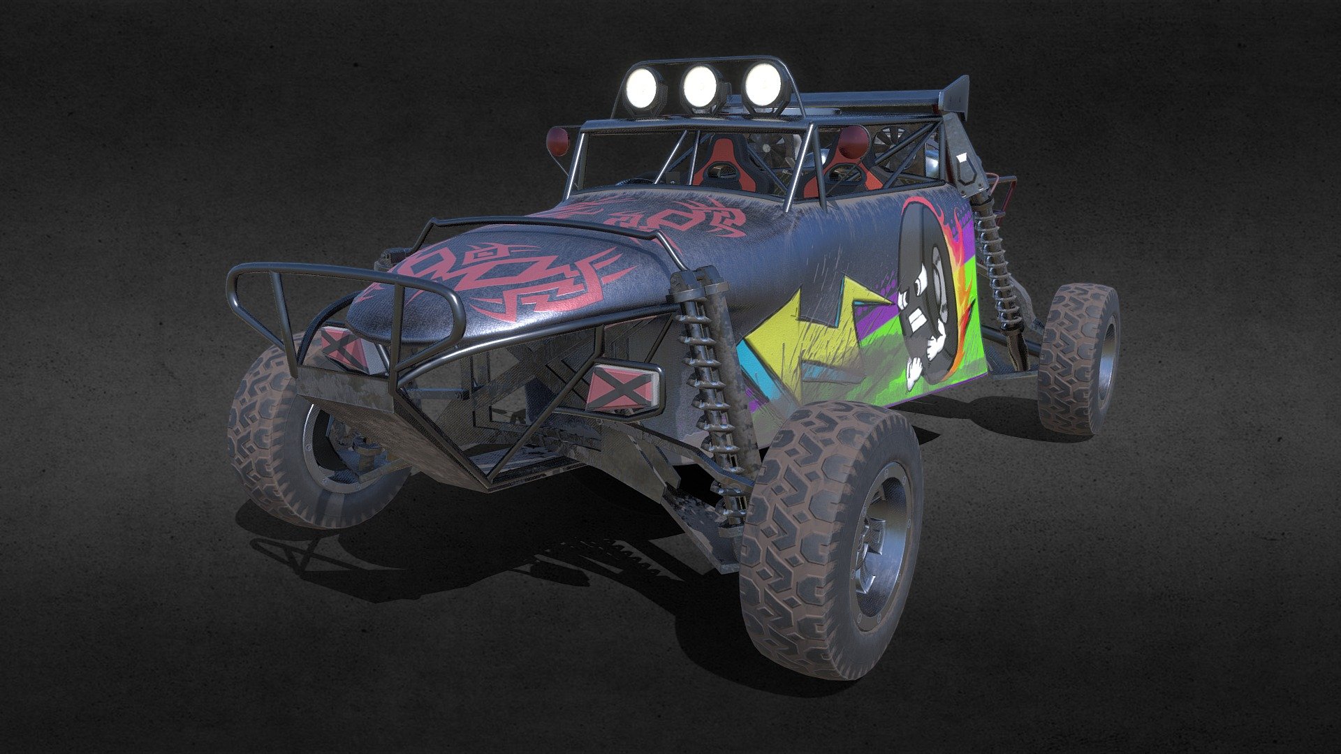 An off-road vehicle inspired by the Carson Dust Storm featured in Burnout Paradise.

The primary focus of this model was to learn how to use PBR materials through Substance Painter.

Feel free to leave any criticism you may have, there are bound to be many I'm sure 3d model