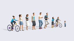 Spring People bike, bicycle, kids, baby, people, children, walking, cycling, park, running, crowd, cyclist, character, low-poly, blender, animated, rigged