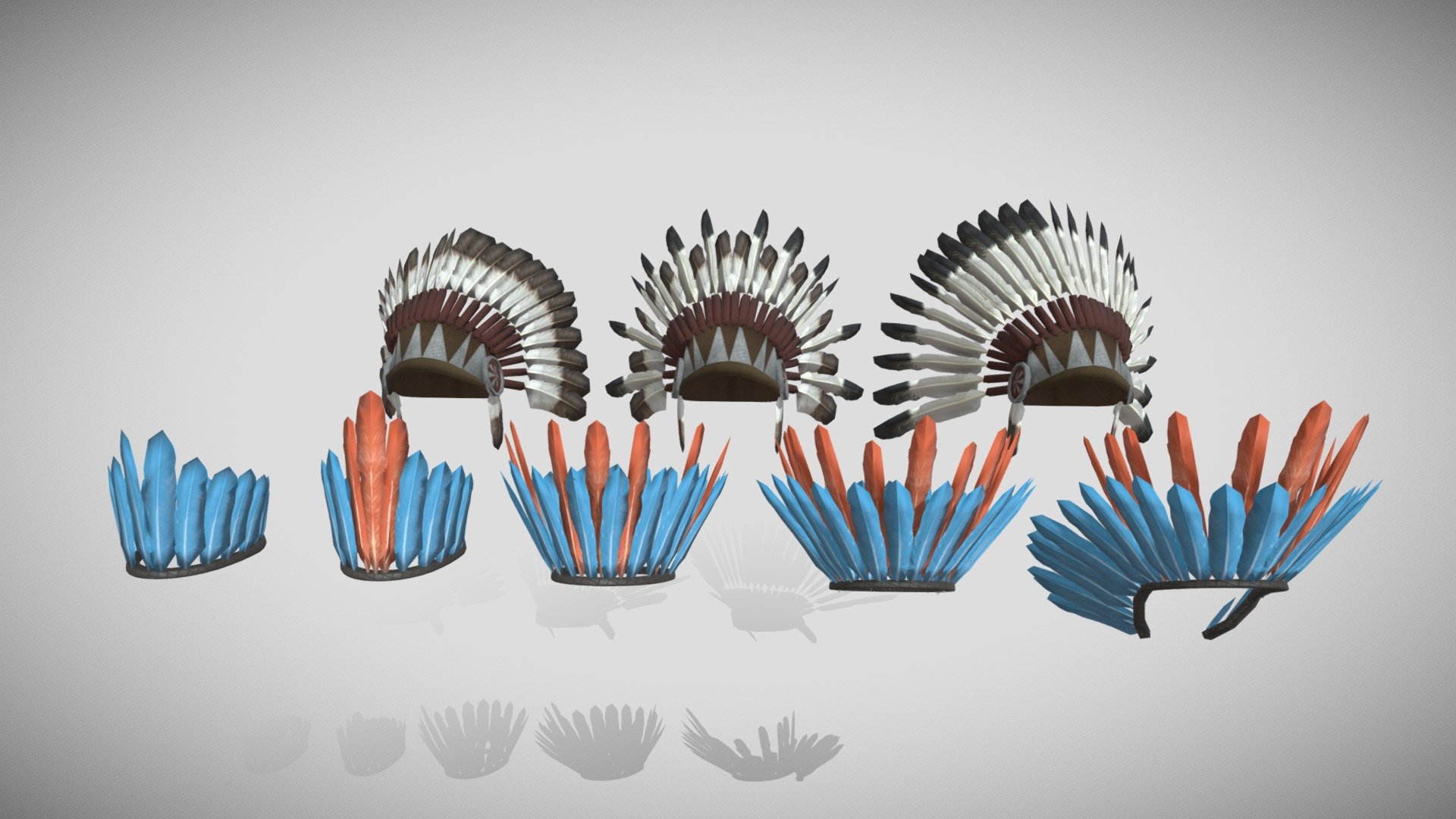 Low Poly Headdress in the style of north american plains natives and south american amazonian indigenous tribes

Texture: 2048x2048 px

Diffuse 

Normal 

Roughness 

AO (plains headress only)

Polygons:

Amazonian Headdress: 1000 - 2000 Tris 

Plains Headdress: 2000 - 3000 Tris - Indigenous Native Headdress Pack - Buy Royalty Free 3D model by Machine Meza (@maurib98) 3d model