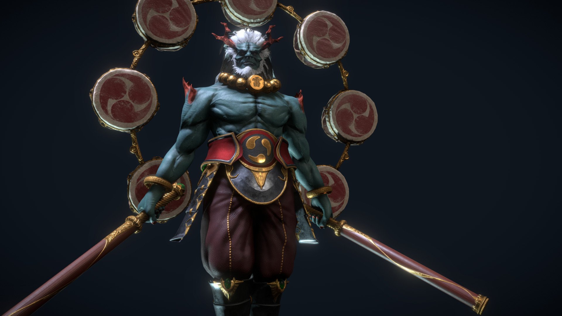 Raijin God of Thunder
Compatible with Unreal Engine 4 Epic Skeleton and Unity 3d humanoid Rig
12 animations included

Animations preview - Raijin - God of Thunder - Buy Royalty Free 3D model by willpowaproject 3d model