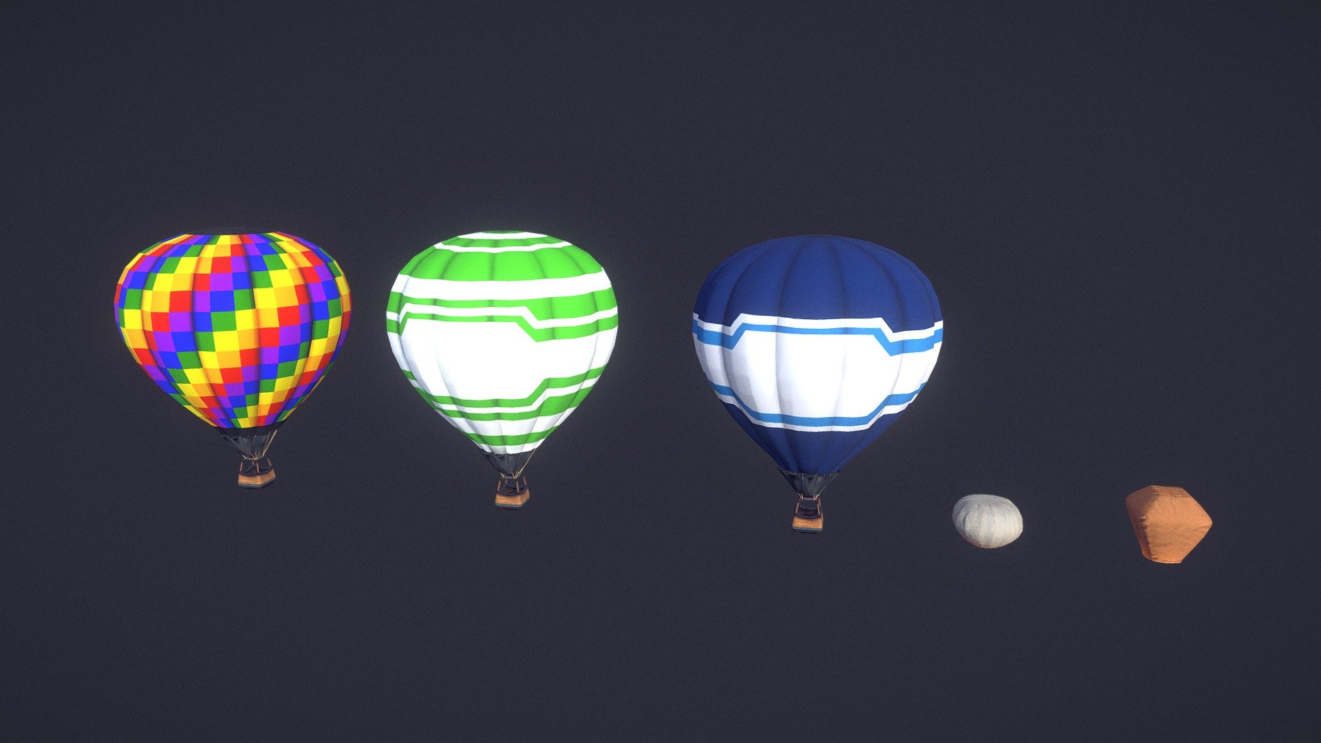 Balloon and lantern props for decorating your environment.

1 hot air balloon design with 3 sets of material textures, and two sets of animation to choose from. 

2 paper lantern designs.

Complete with flame effect.



Air Balloon

Polycount: 5204 Triangles

PNG Texture size: 2048 x 2048

( 3 Albedo, AO, 2 Normal, and Specular)

2 sets flat to filled air unity animation

2 sets idle unity animation

See link for animation: https://pse.is/4pn5yp

Sky Lantern A

Polycount: 1460 Triangles

PNG Texture size: 2048 x 2048

(Albedo, AO, Normal, Specular and Emission)

Sky Lantern B

Polycount: 1372 Triangles

PNG Texture size: 2048 x 2048

(Albedo, AO, Normal, Specular and Emission)

Balloon flame unity particle TGA: 256x256 - Modern Balloon Pack - Buy Royalty Free 3D model by Experience Lab Art (@Experience_Lab_Art) 3d model