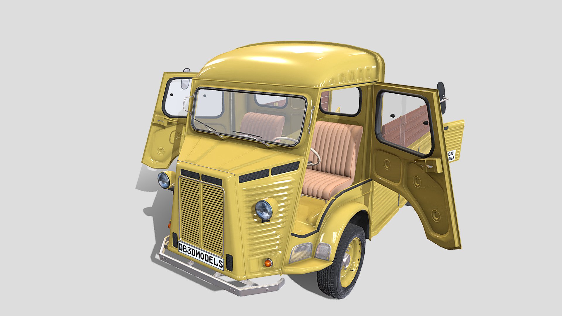 Highly detailed Generic 40s Van 3D model rendered with Cycles in Blender, as per seen on attached images.

The model is very intricately built, it has the interior modeled, with the rear cargo area, and a simple underbody built as well. 

The 3d model is scaled to original size in Blender.

File formats:

-.blend, rendered with cycles, as seen in the images;

-.blend, rendered with cycles, as seen in the images, with doors open;

-.obj, with materials applied;

-.obj, with materials applied, with doors open;

-.dae, with materials applied;

-.dae, with materials applied, with doors open;

-.fbx, with materials applied;

-.fbx, with materials applied, with doors open;

-.stl;

-.stl, with doors open;

Files come named appropriately and split by file format.

3D Software:

The 3D model was originally created in Blender 3.1 and rendered with Cycles 3d model