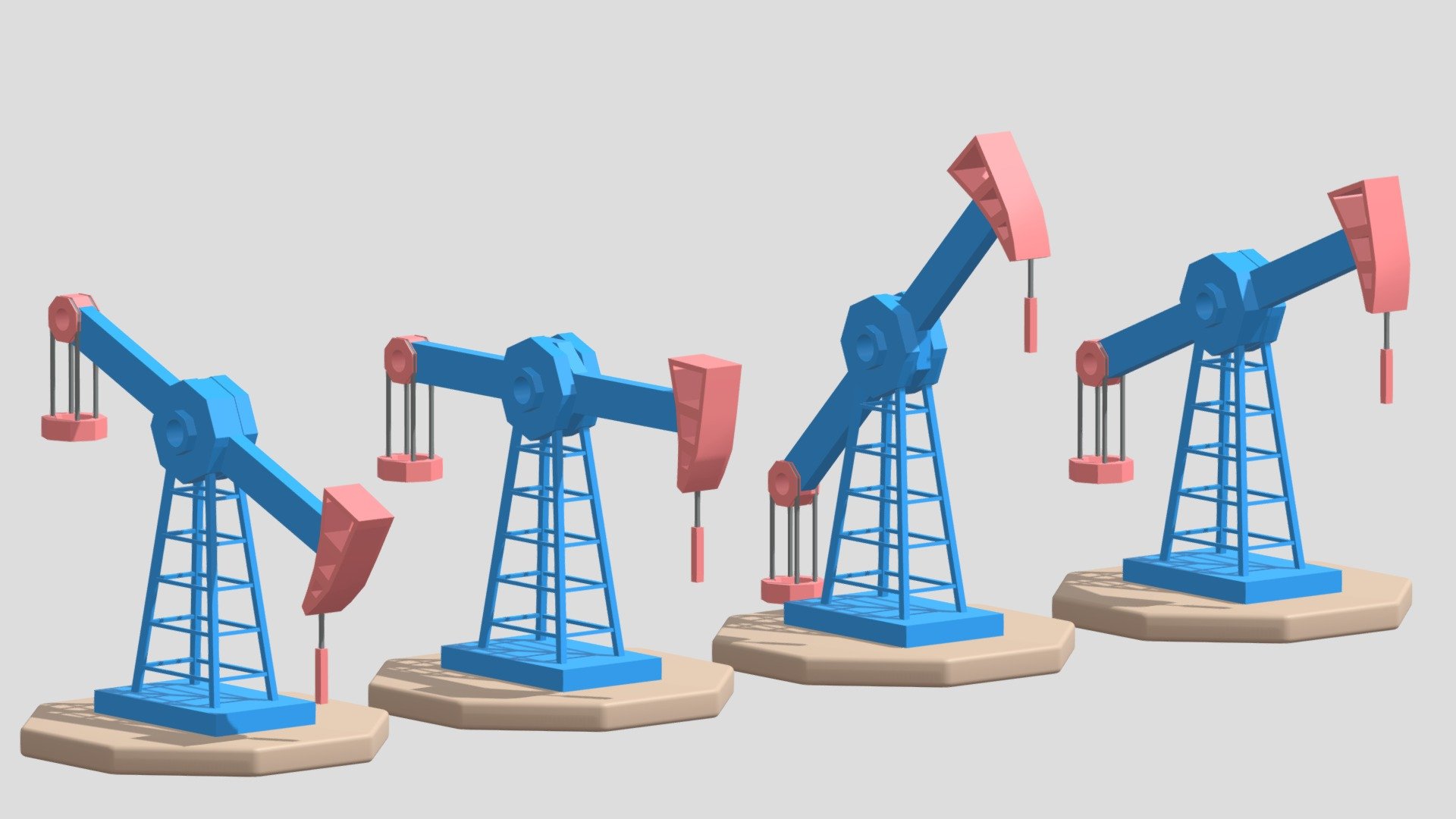 Cartoon Oil Pump Jack.

Made with Blender 2.8.

Rendered with Cycles.

system units : m.

Polygons: 1,293.

Vertices: 1,794.

Only material, No textures. You can change colors.

Formats: . blend . fbx . obj, c4d

If you have any question, please contact me.

Thank you 3d model