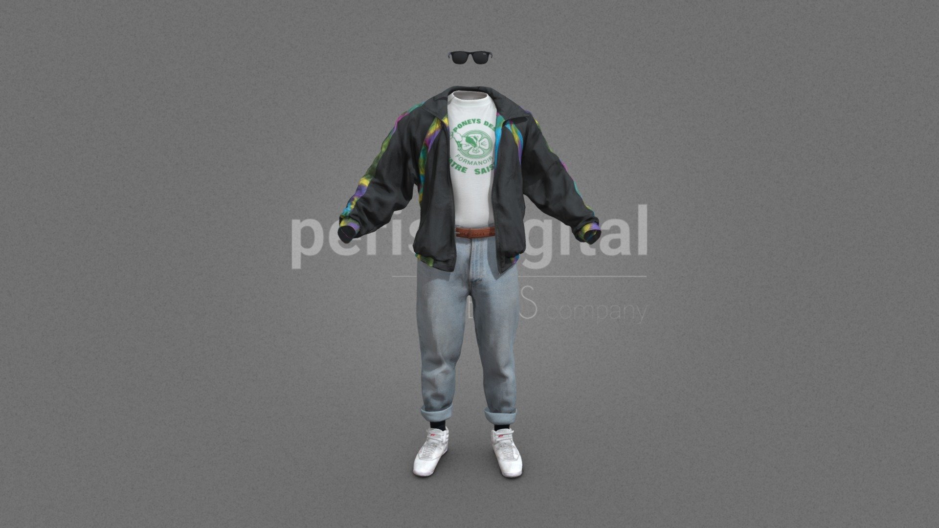 Black sport sweatshirt with multicolored stripes, white short sleeve T-shirt with green lettering, light blue straight jeans, brown leather belt with silver buckle, white rebook sneakers, black square ray-ban sunglasses

They are optimized for use in 3D scenes of medium/high polygonalization and optimized for rendering.

We do not include characters, but they are positioned for you to include and adjust your own character.

They have a model LOW (_LODRIG) inside the Blender file (included in the AdditionalFiles), which you can use for vertex weighting or cloth simulation and thus, make the transfer of vertices or property masks from the LOW to the HIGH** model.

**We have included the texture maps in high resolution, so you can make extreme point of view with your 3D cameras, as well as the Blender file so you can edit any aspect of the set.

Enjoy it.

Web: https://peris.digital/ - 80s Fashion Series - Man 03 - 3D model by Peris Digital (@perisdigital) 3d model